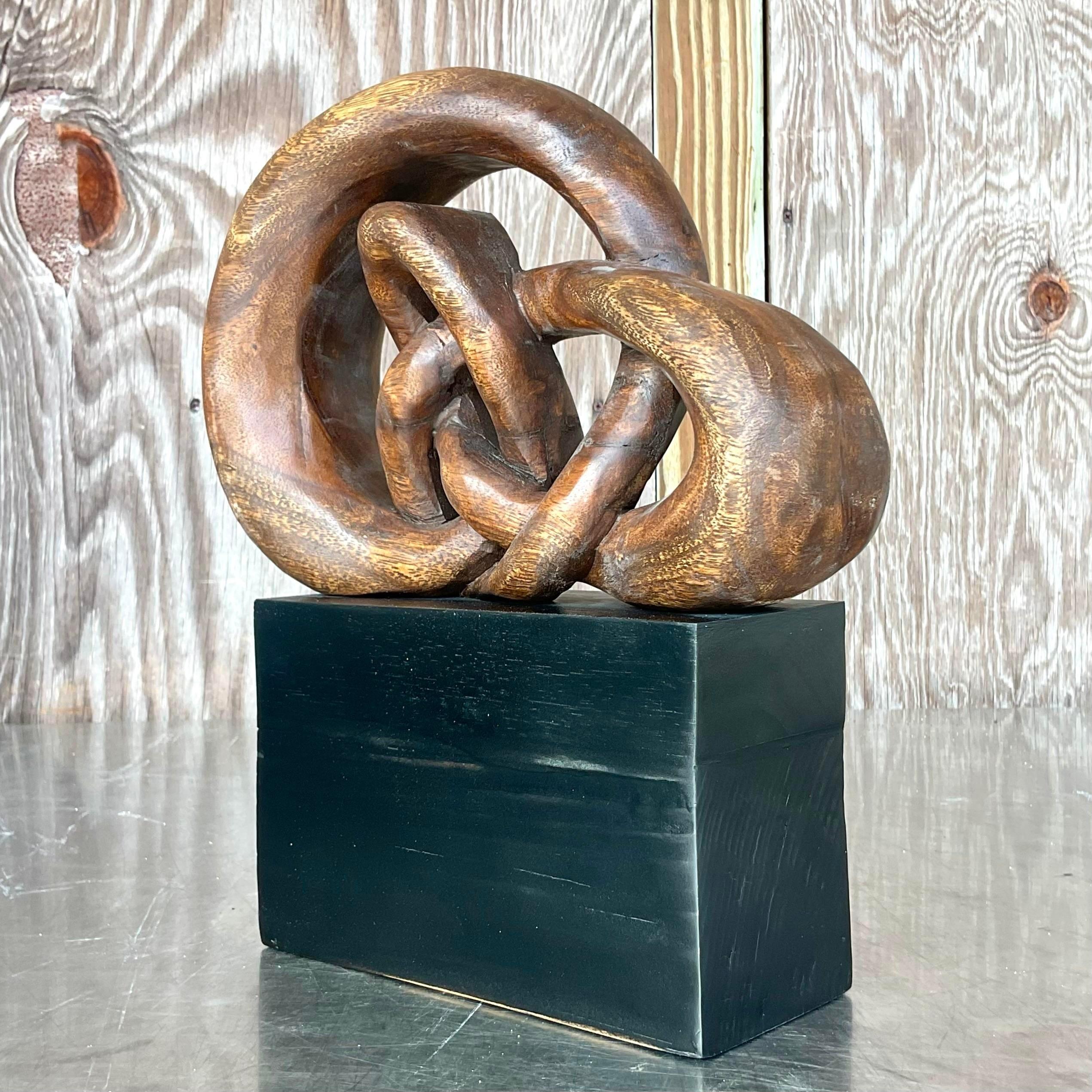 Mid-Century Modern Vintage Boho Carved Wood Love Knot Sculpture For Sale