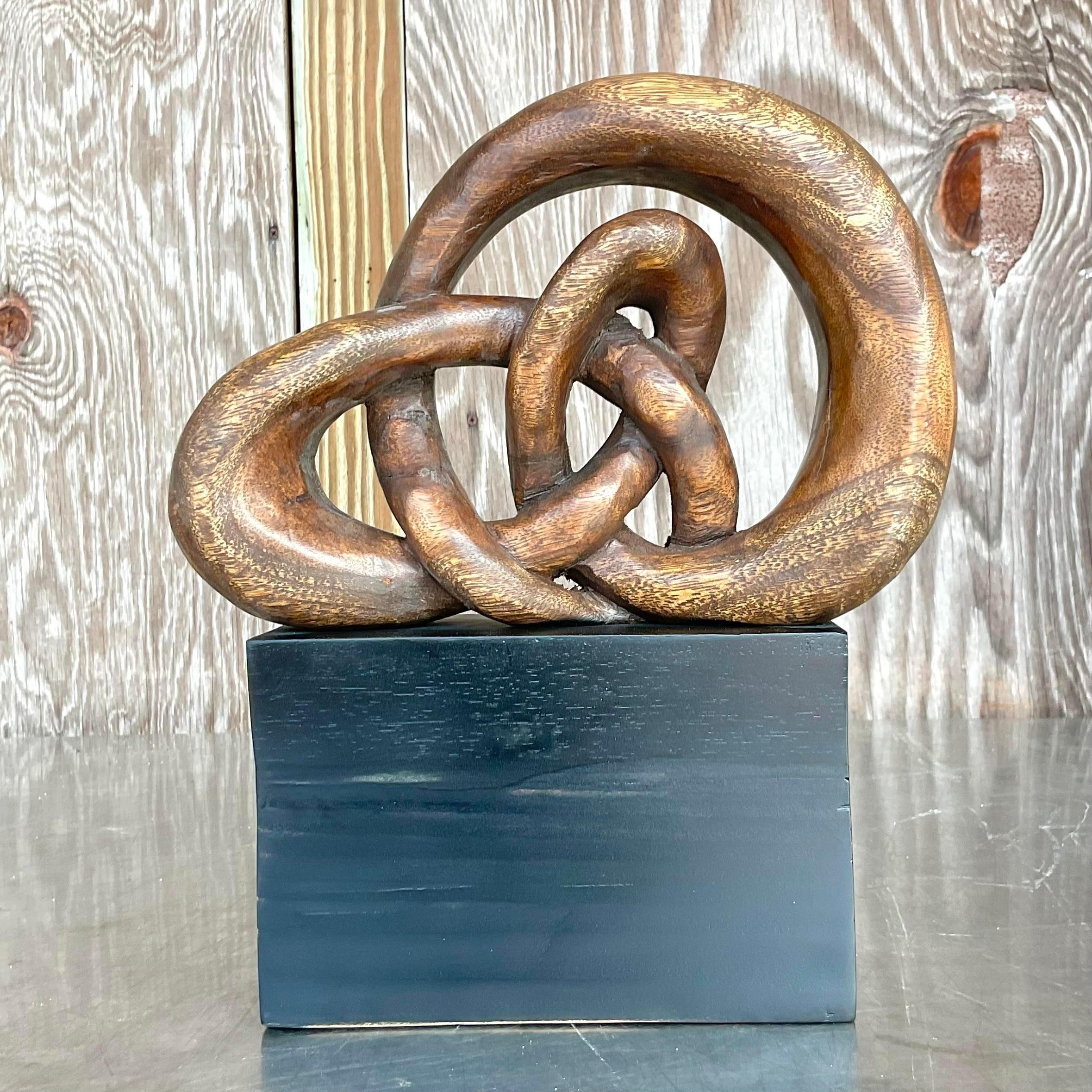 Vintage Boho Carved Wood Love Knot Sculpture In Good Condition For Sale In west palm beach, FL