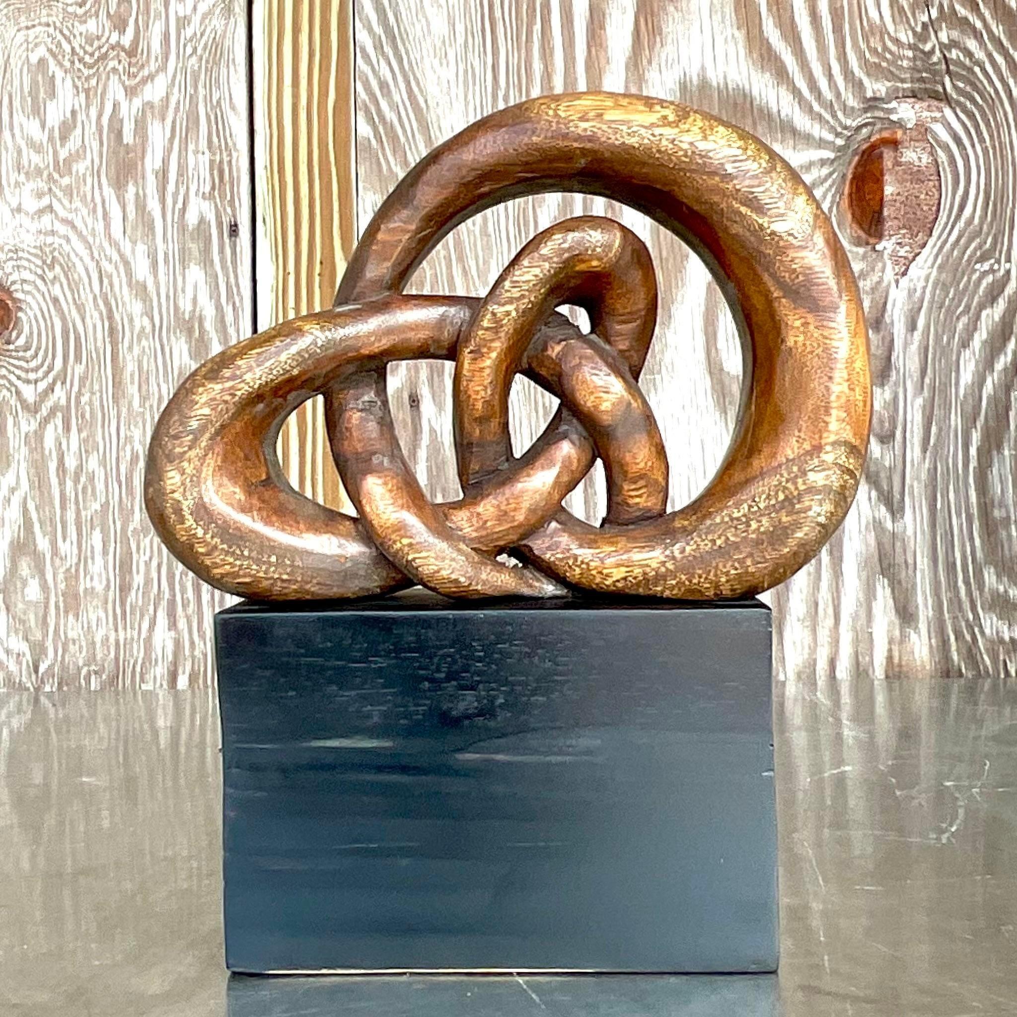 Contemporary Vintage Boho Carved Wood Love Knot Sculpture For Sale