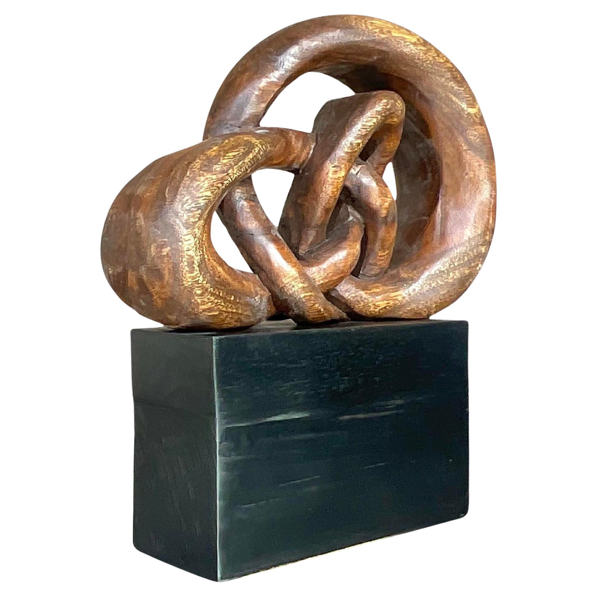 Vintage Boho Carved Wood Love Knot Sculpture For Sale