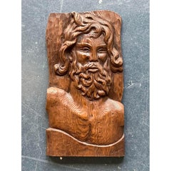 Vintage Boho Carved Wood Panel of Man