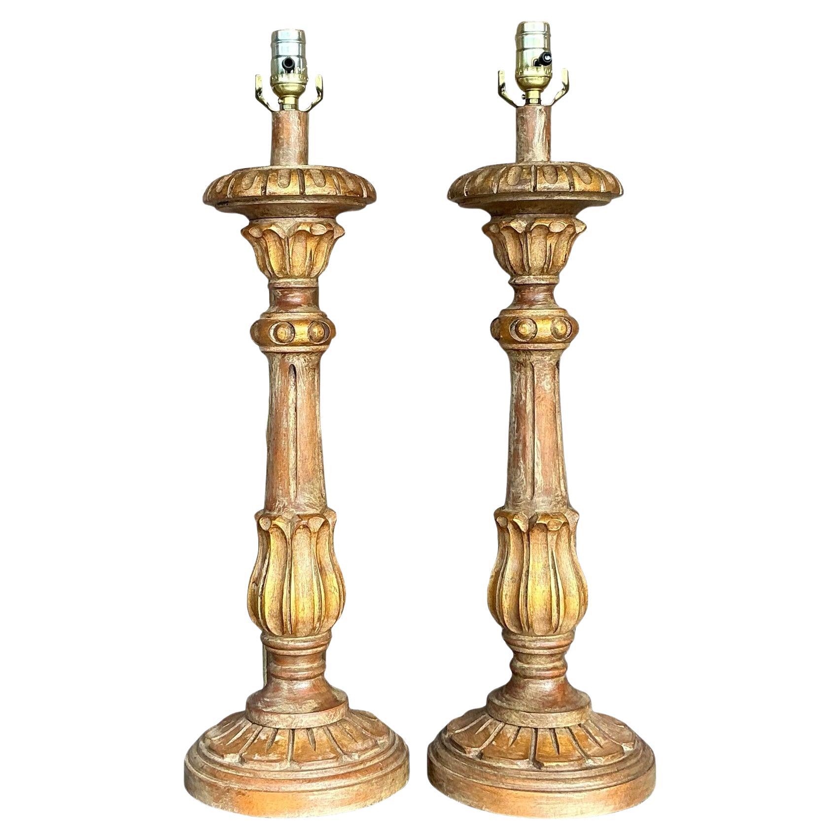 Vintage Boho Carved Wood Pricket Lamps - a Pair