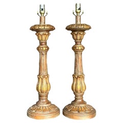 Vintage Boho Carved Wood Pricket Lamps - a Pair