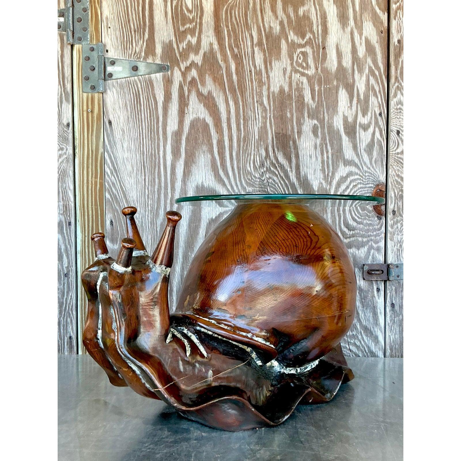 Folk Art Vintage Boho Carved Wood Snail Coffee Table After Federico Armijo