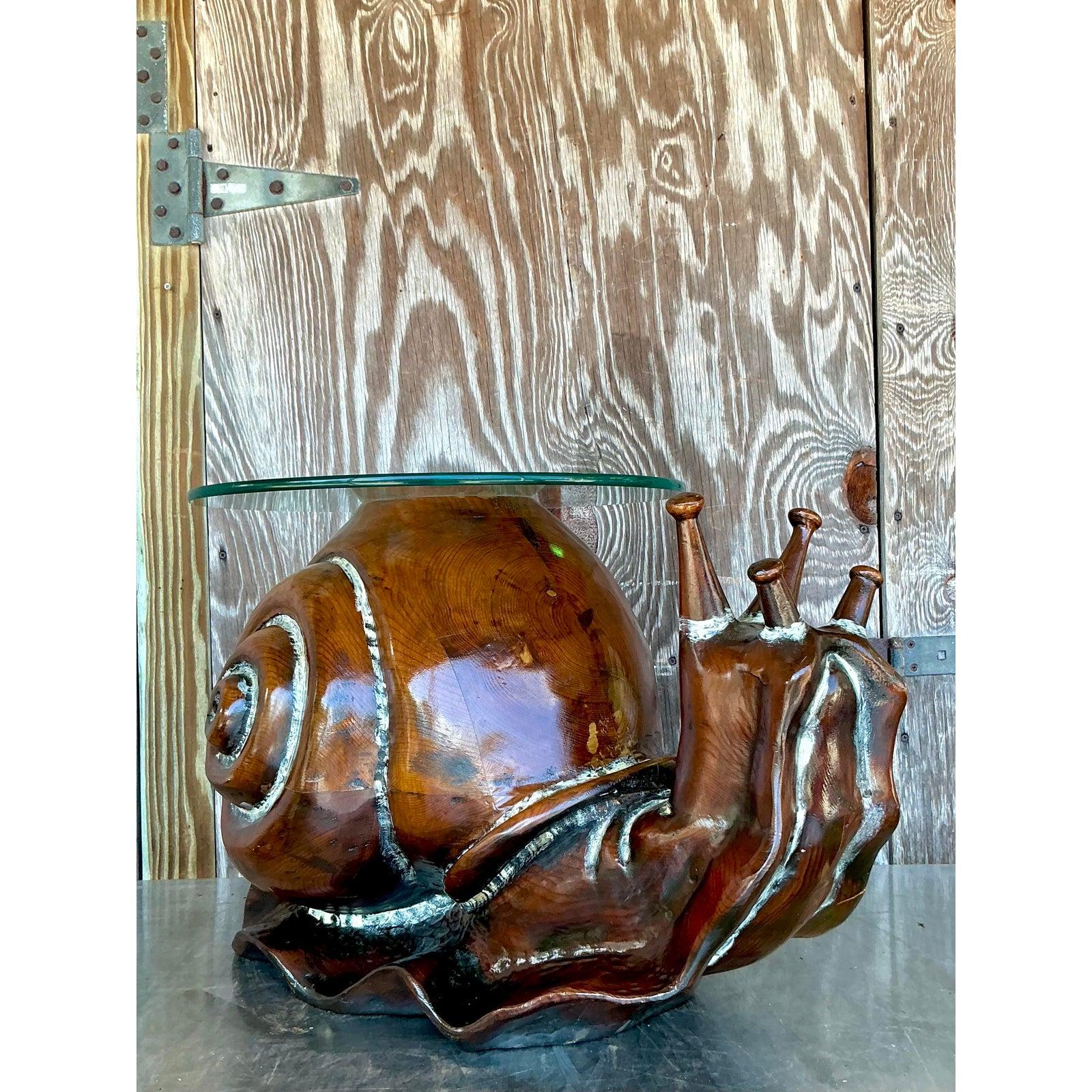 American Vintage Boho Carved Wood Snail Coffee Table After Federico Armijo