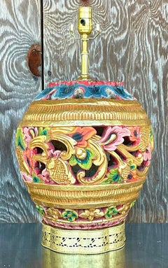 Vintage Boho Carved Wood Table Lamp