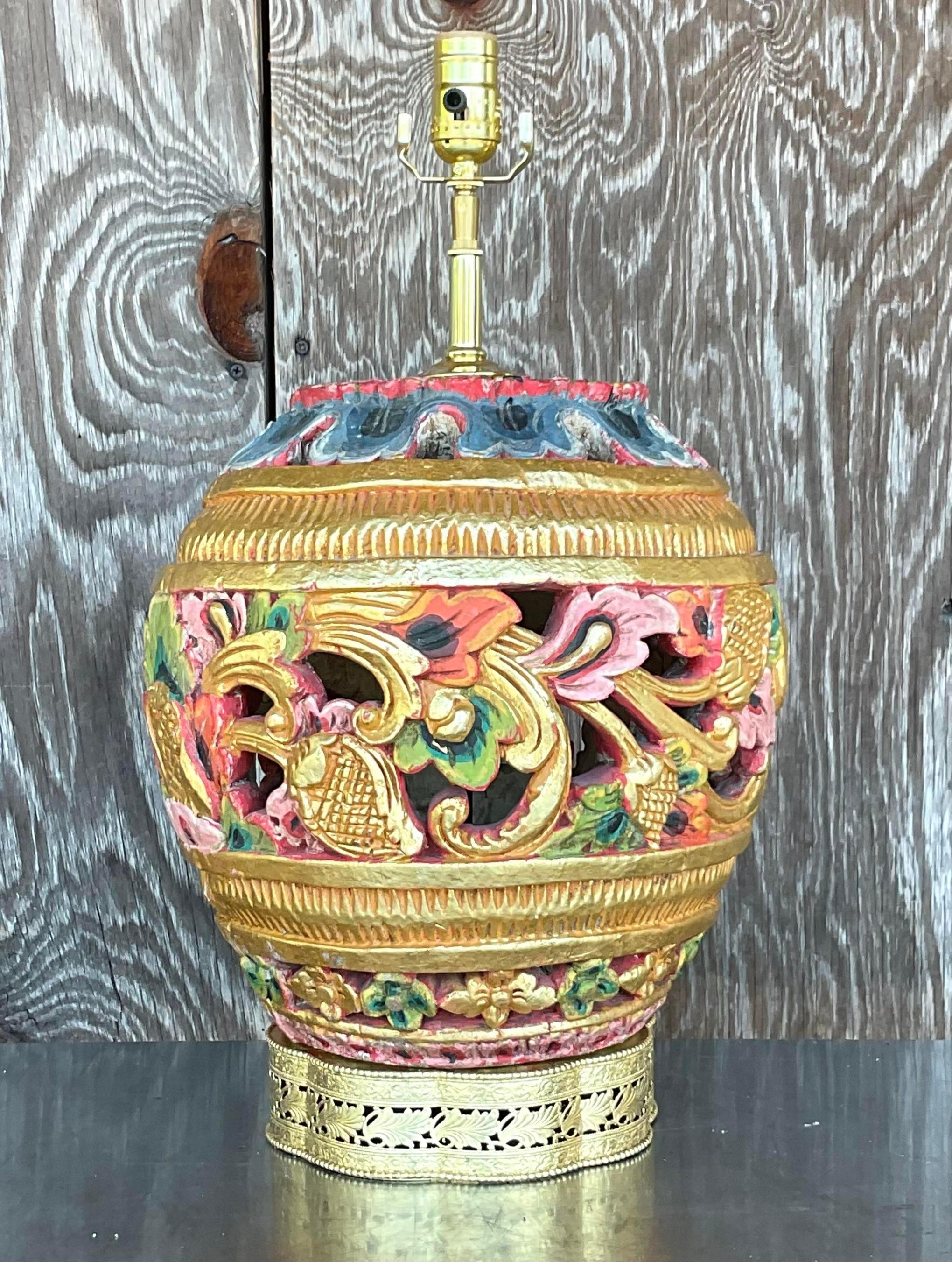 American Vintage Boho Carved Wood Table Lamp For Sale