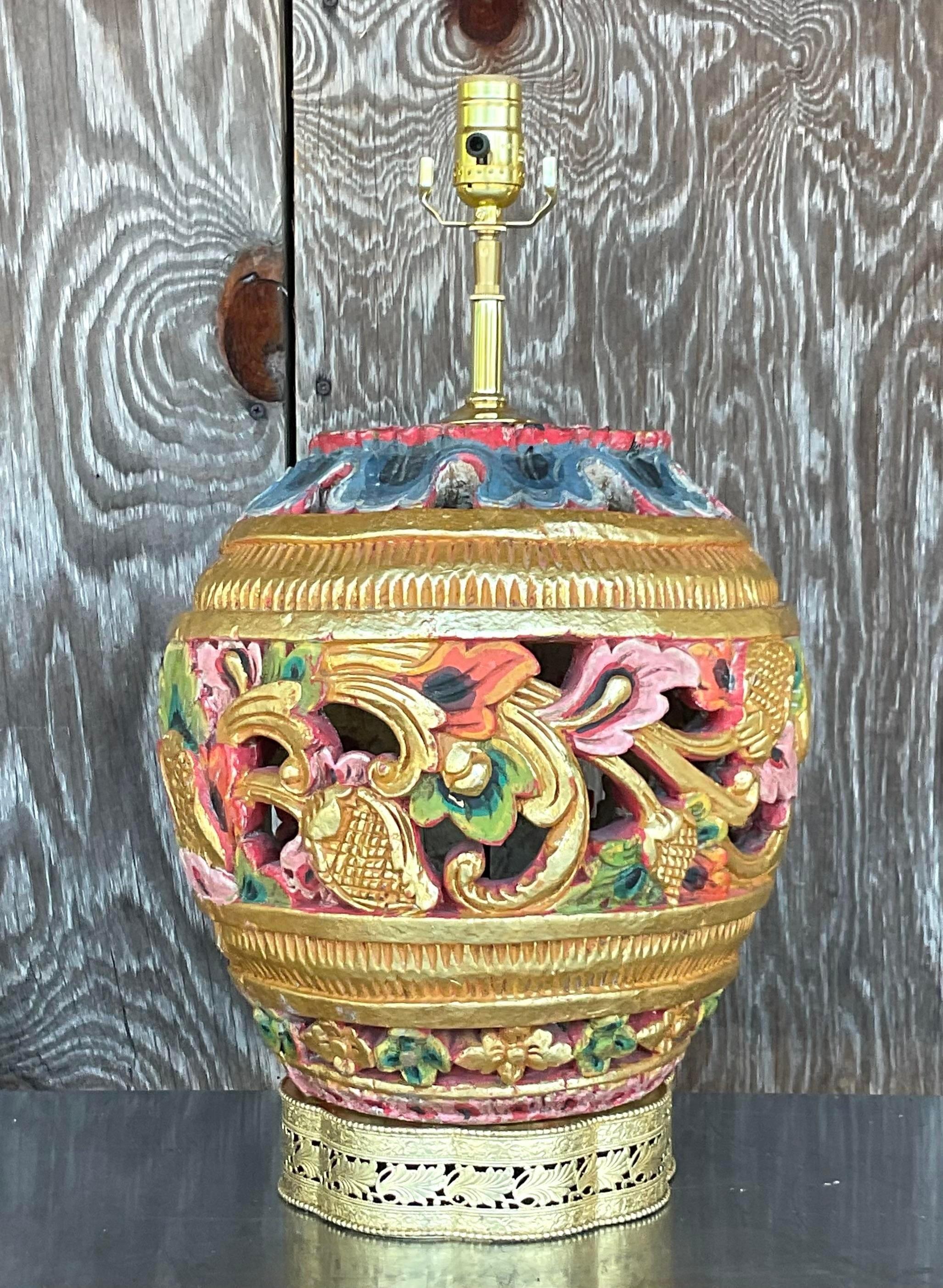 Brass Vintage Boho Carved Wood Table Lamp For Sale