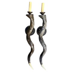Vintage Boho Carved Wood Twisted Horn Sconces - a Pair