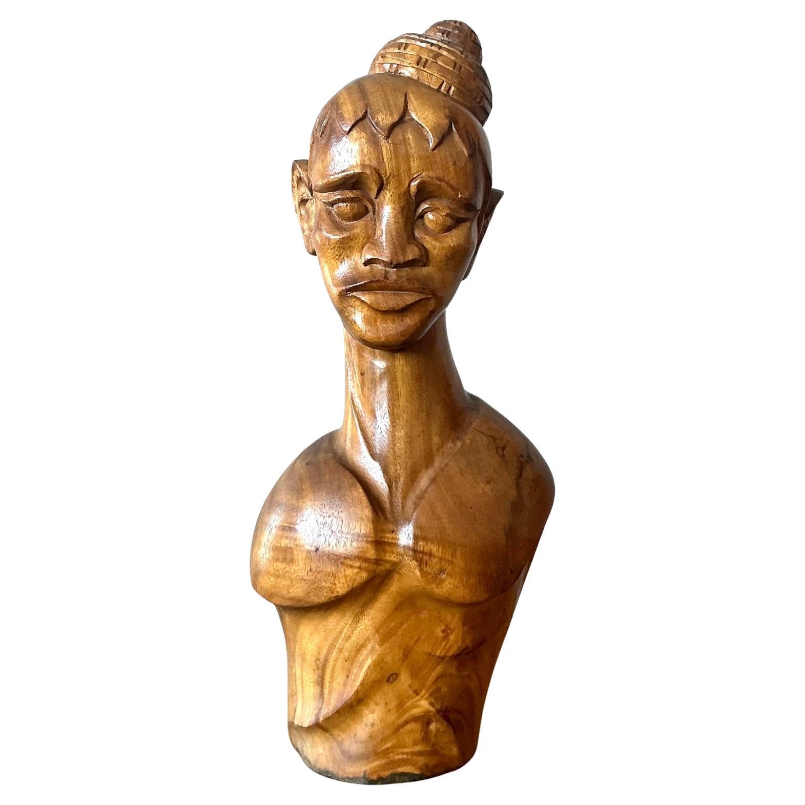 Vintage Boho Buste de femme en bois sculpté
