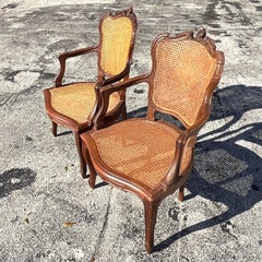 Vintage Boho Carved Wooden Chairs With Inset Cane Panels - a Pair