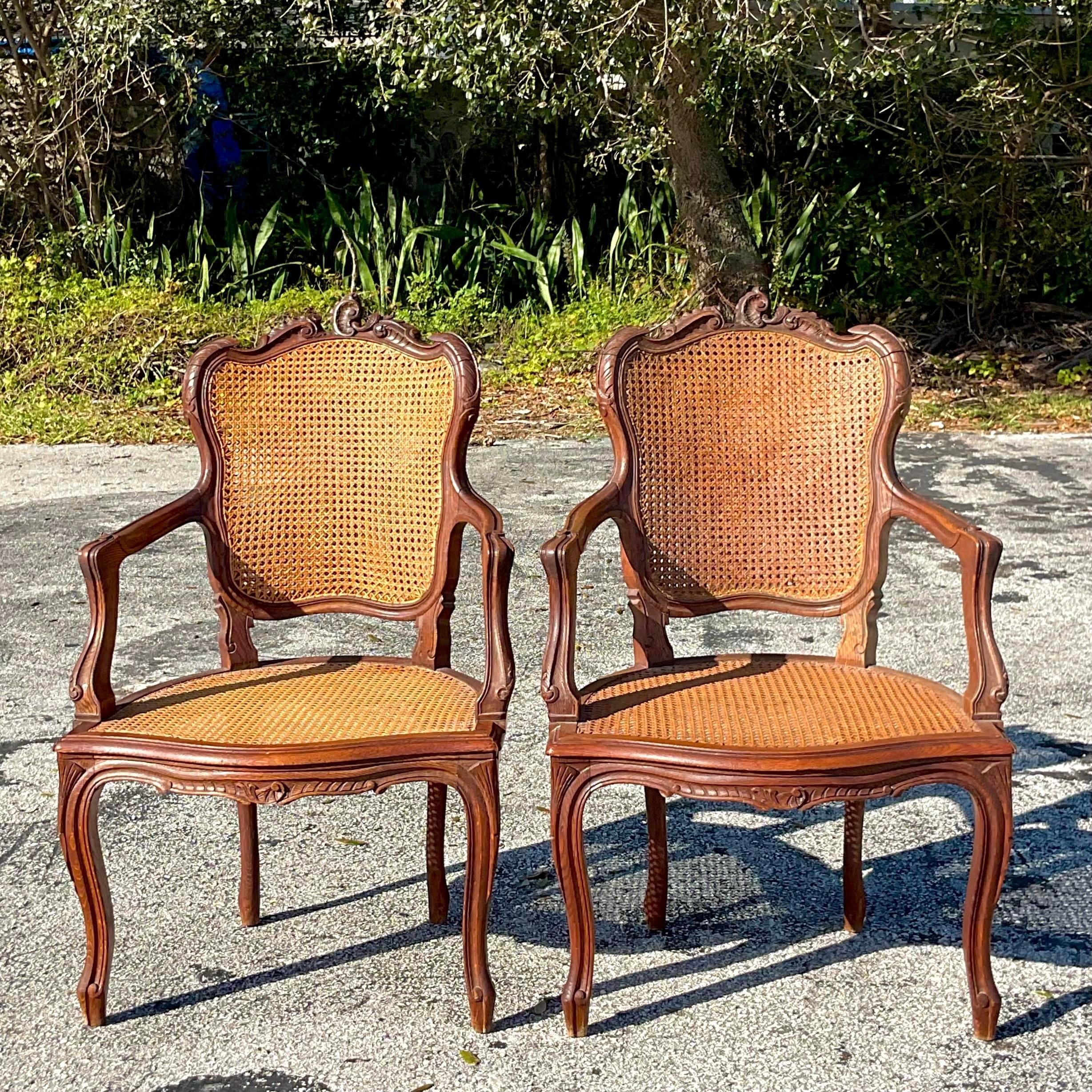 Vintage Boho Carved Wooden Chairs With Inset Cane Panels - a Pair For Sale 3