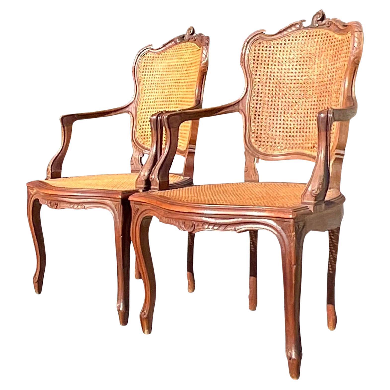 Vintage Boho Carved Wooden Chairs With Inset Cane Panels - a Pair