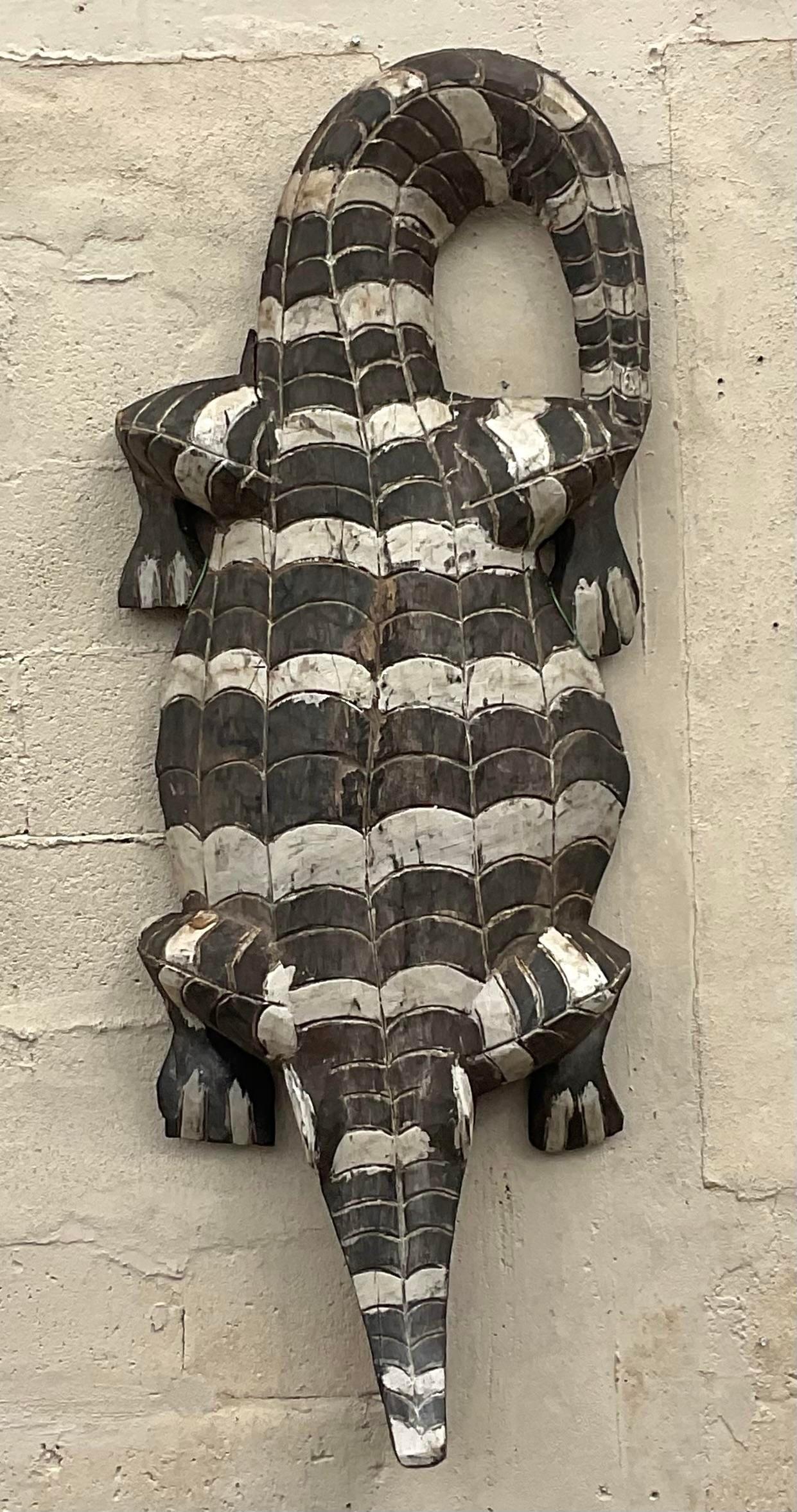 American Vintage Boho Carved Wooden Crocodile For Sale
