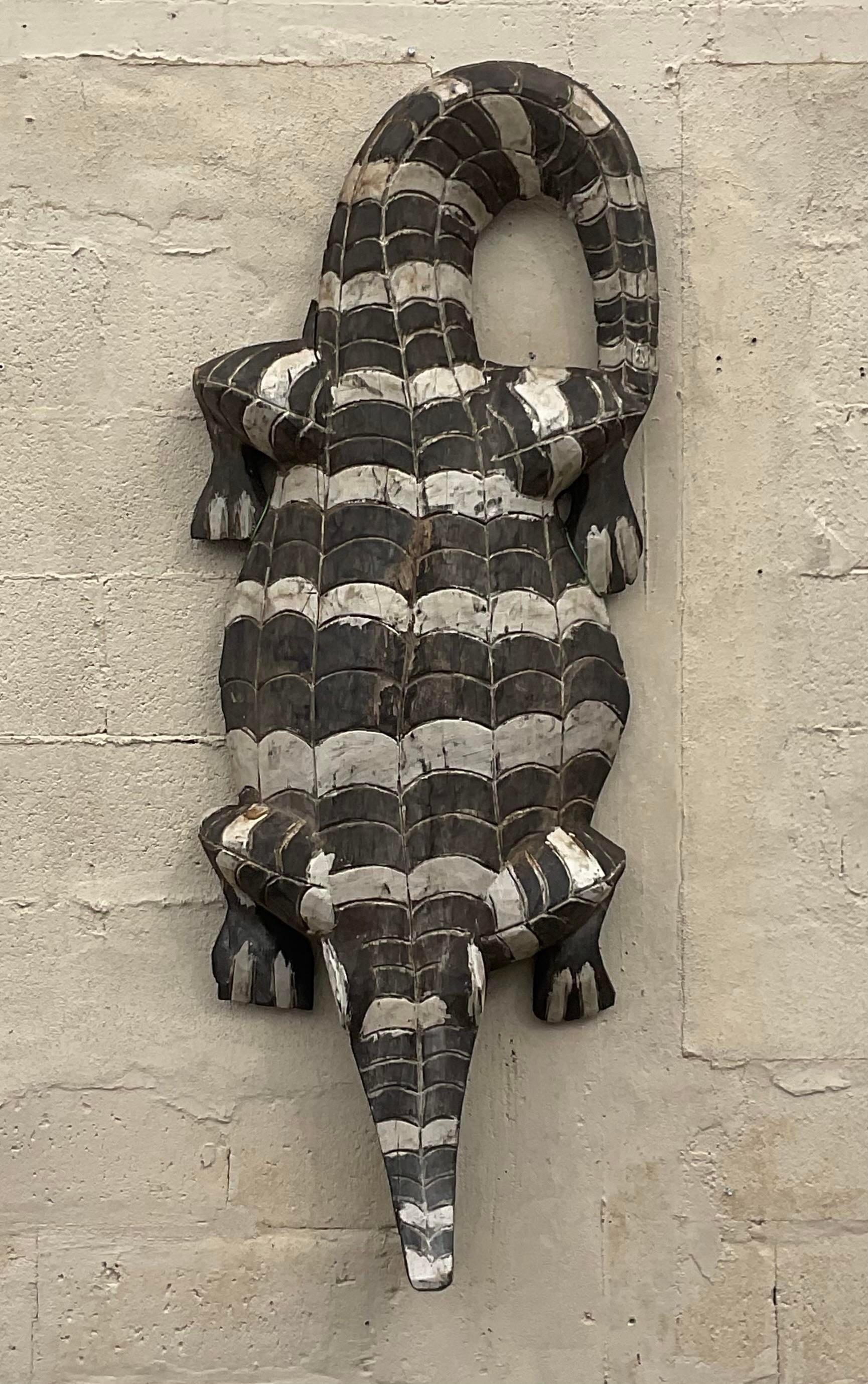Vintage Boho Carved Wooden Crocodile In Good Condition For Sale In west palm beach, FL