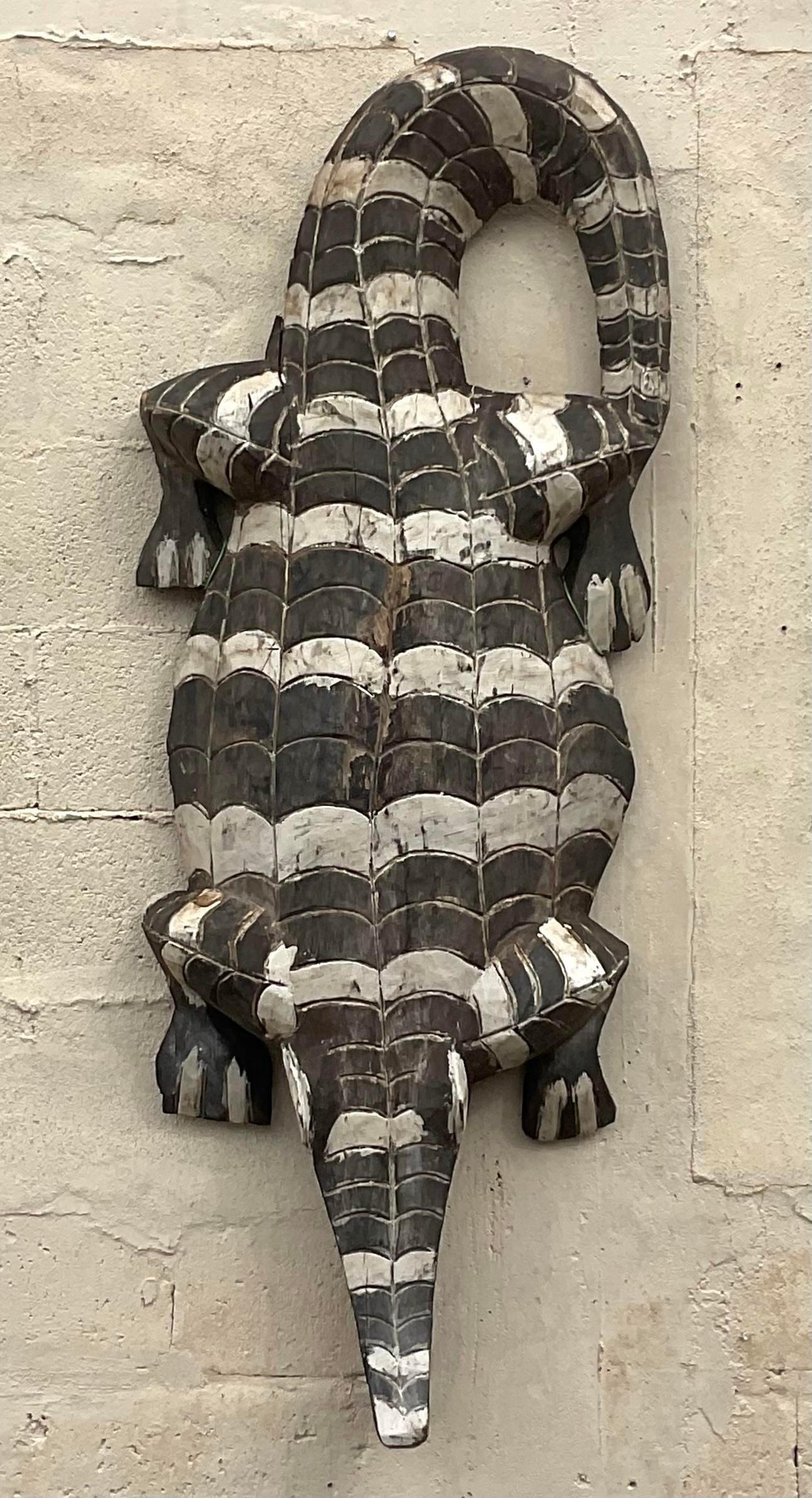 Vintage Boho Carved Wooden Crocodile For Sale 2