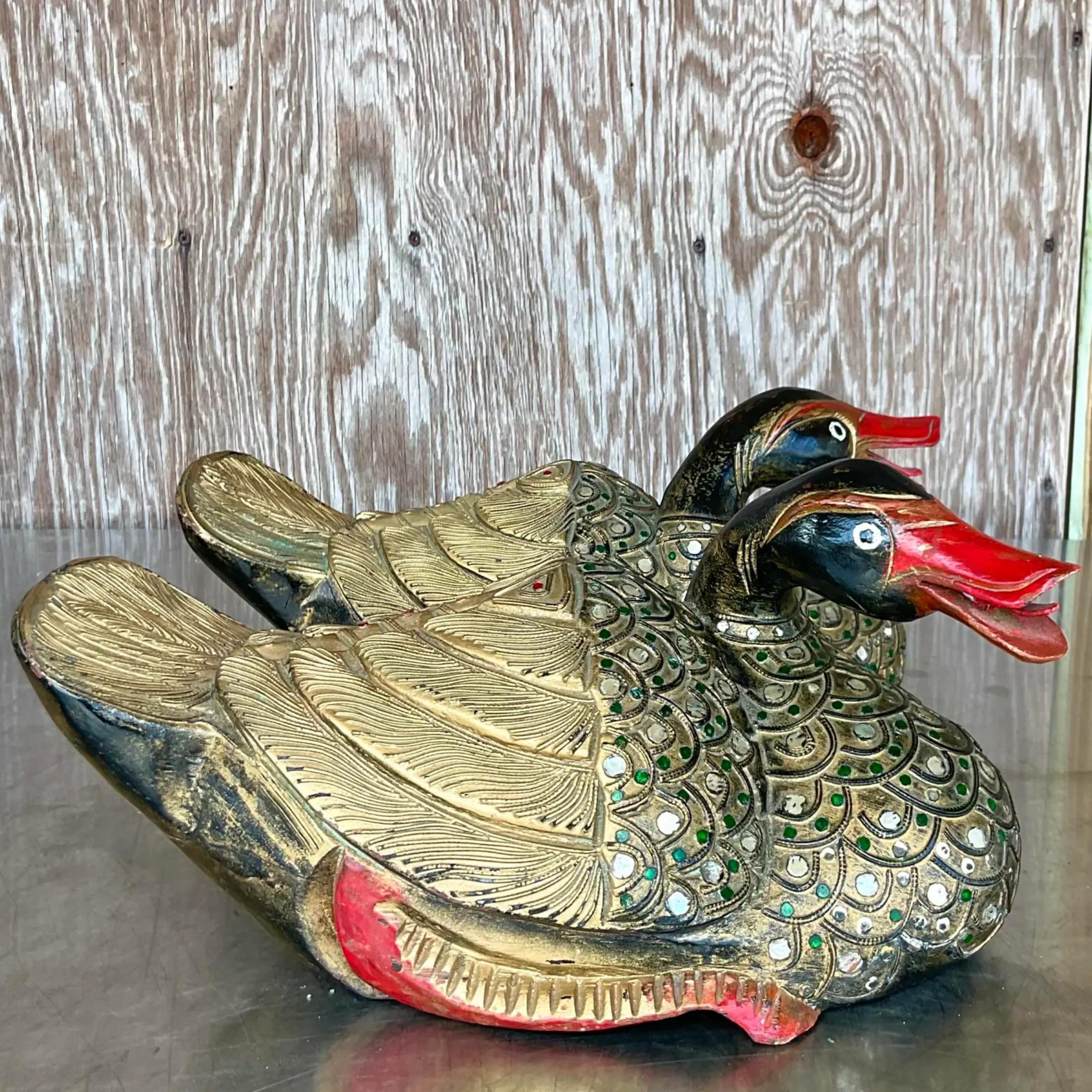 Bohemian Vintage Boho Carved Wooden Ducks - a Pair For Sale