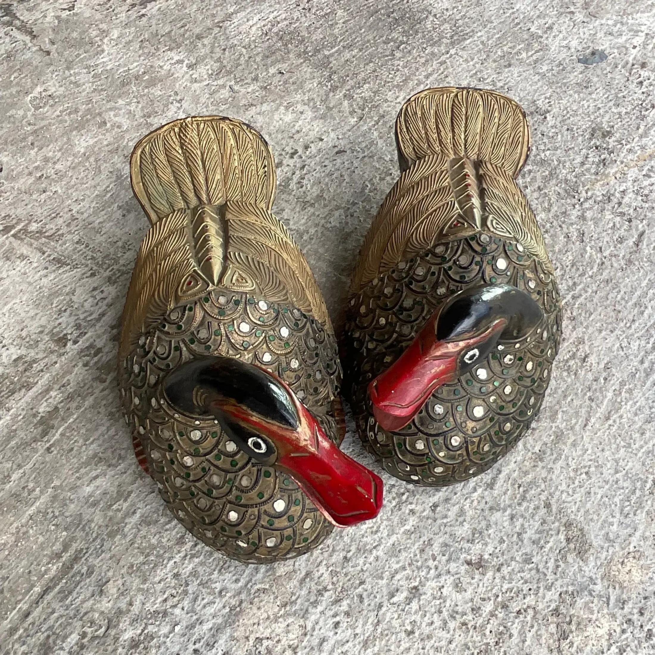Armenian Vintage Boho Carved Wooden Ducks - a Pair For Sale