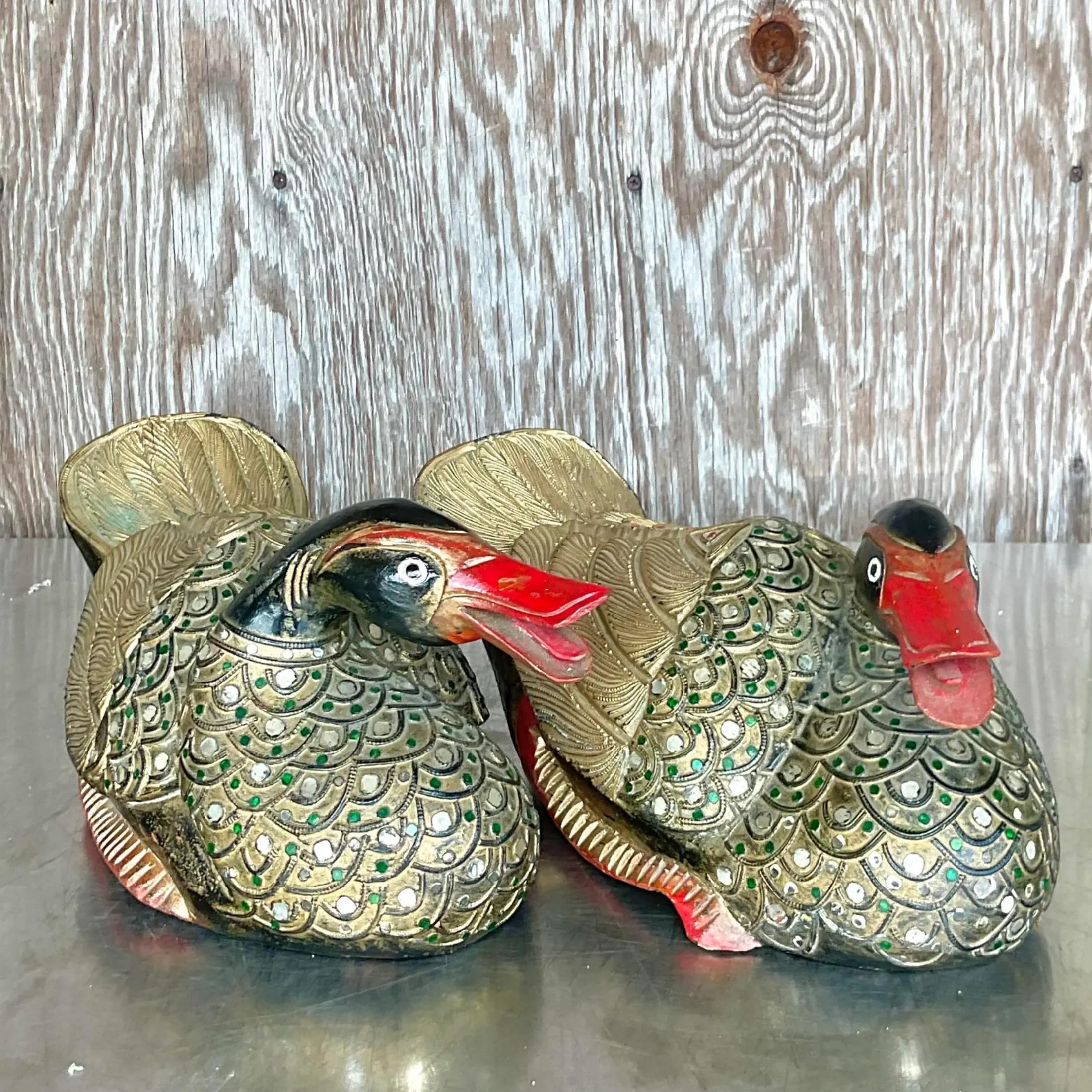 Vintage Boho Carved Wooden Ducks - a Pair In Good Condition For Sale In west palm beach, FL