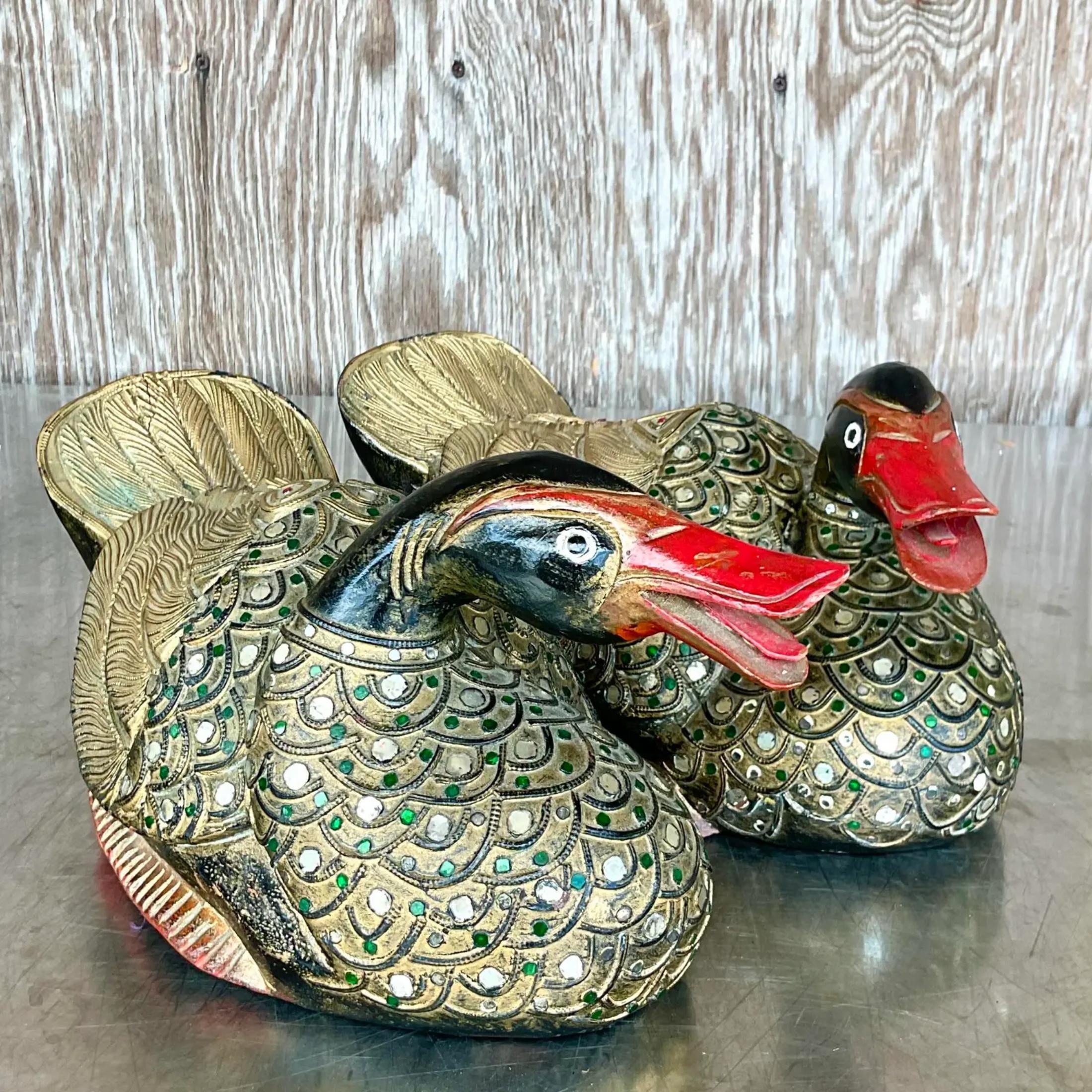 20th Century Vintage Boho Carved Wooden Ducks - a Pair For Sale