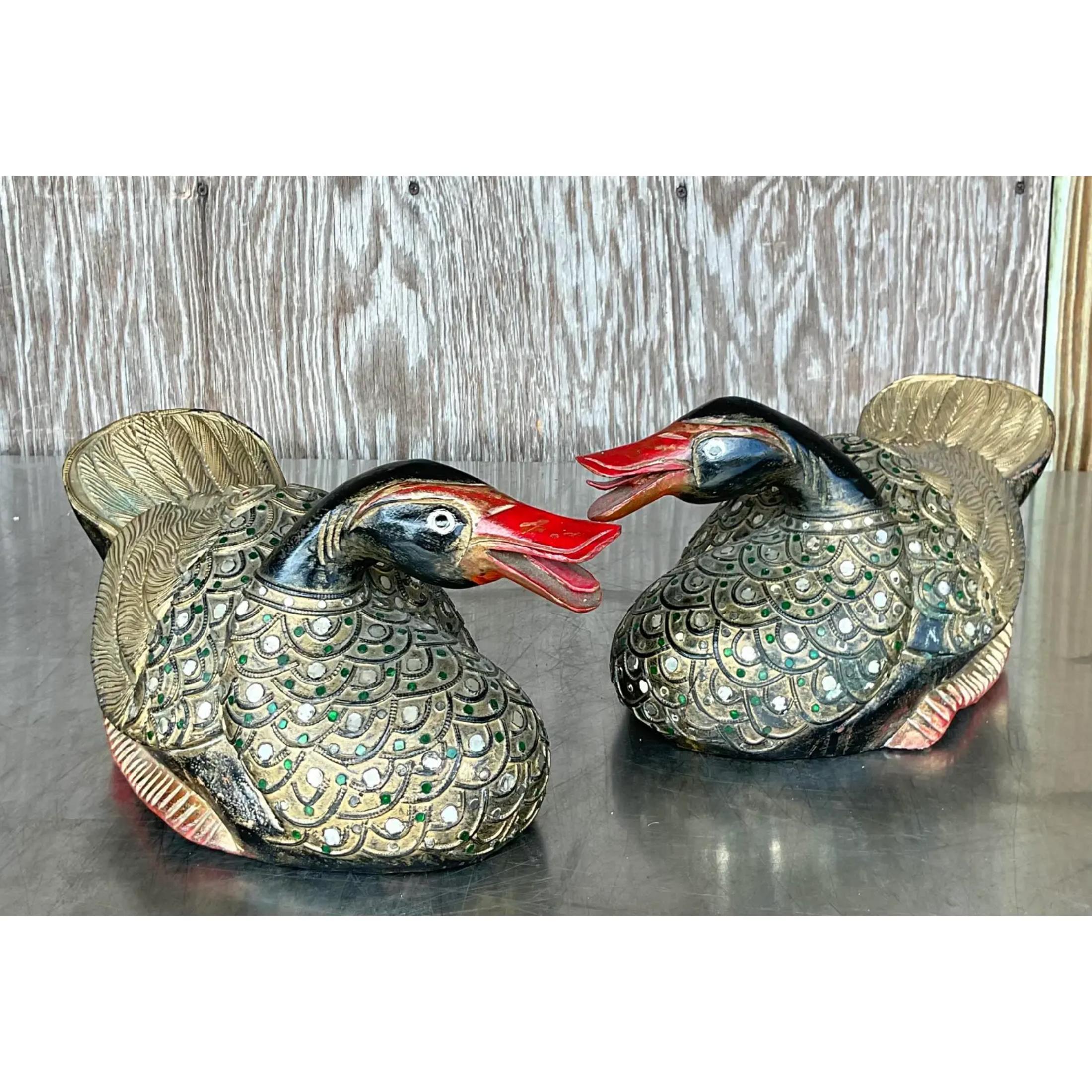 Feathers Vintage Boho Carved Wooden Ducks - a Pair For Sale