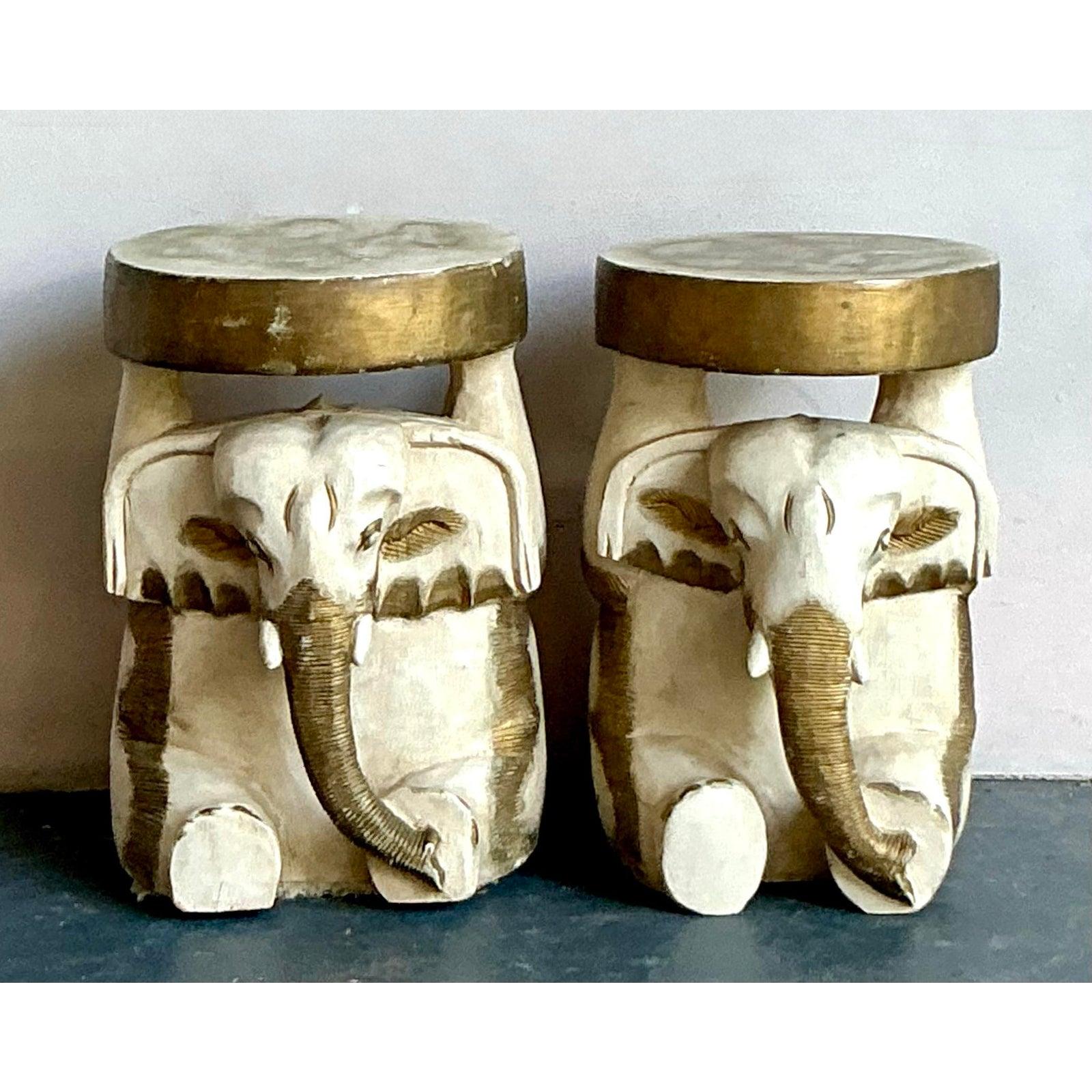 Rustic Vintage Boho Carved Wooden Elephant Low Stool - A Pair For Sale