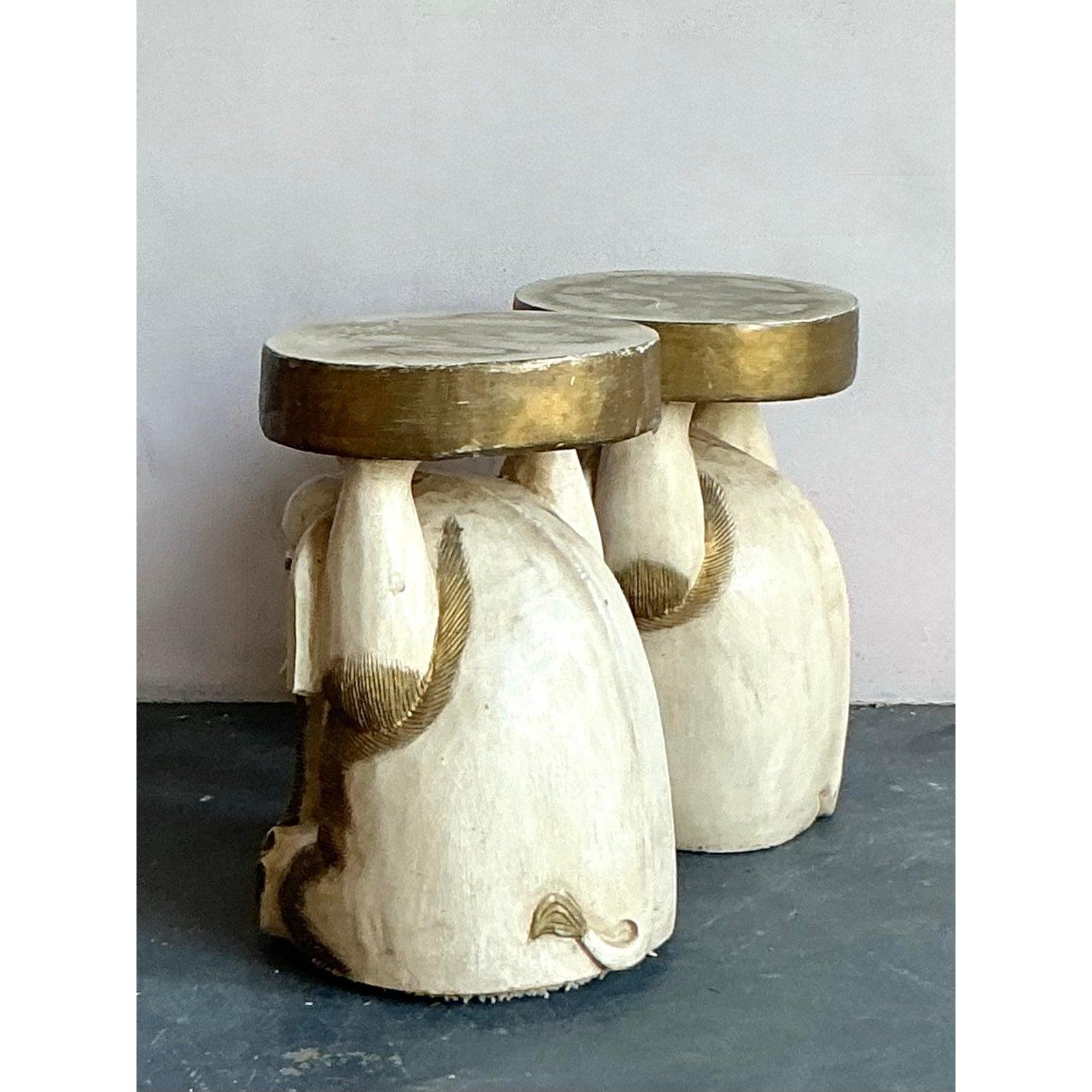 Philippine Vintage Boho Carved Wooden Elephant Low Stool - A Pair For Sale