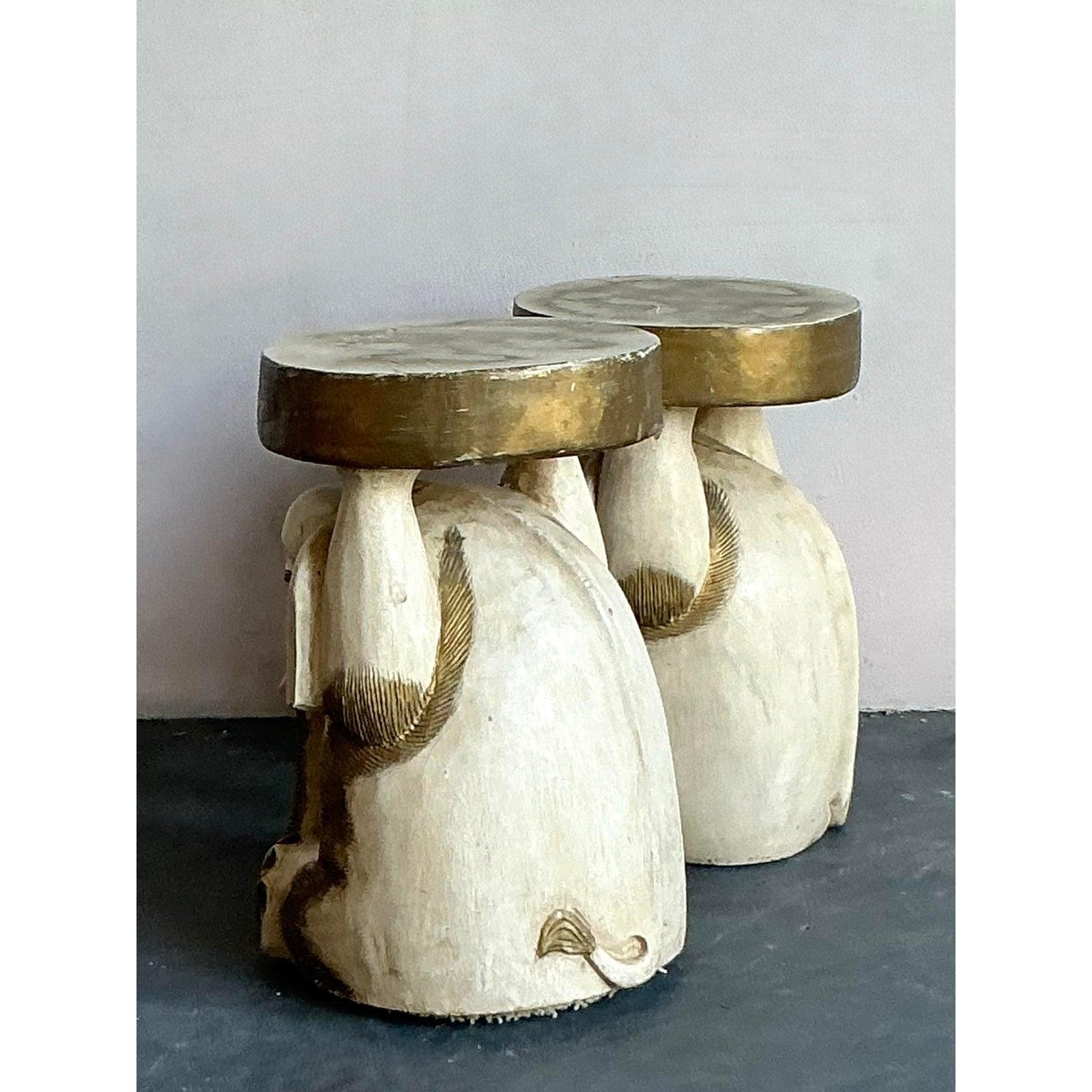 Vintage Boho Carved Wooden Elephant Low Stool - A Pair For Sale 1