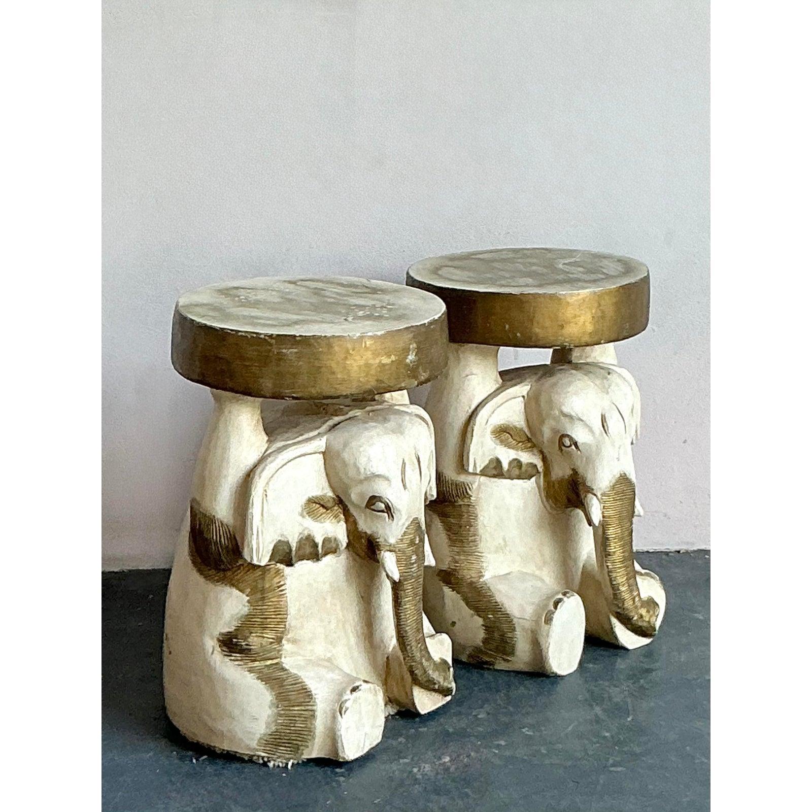 Vintage Boho Carved Wooden Elephant Low Stool - A Pair For Sale 2