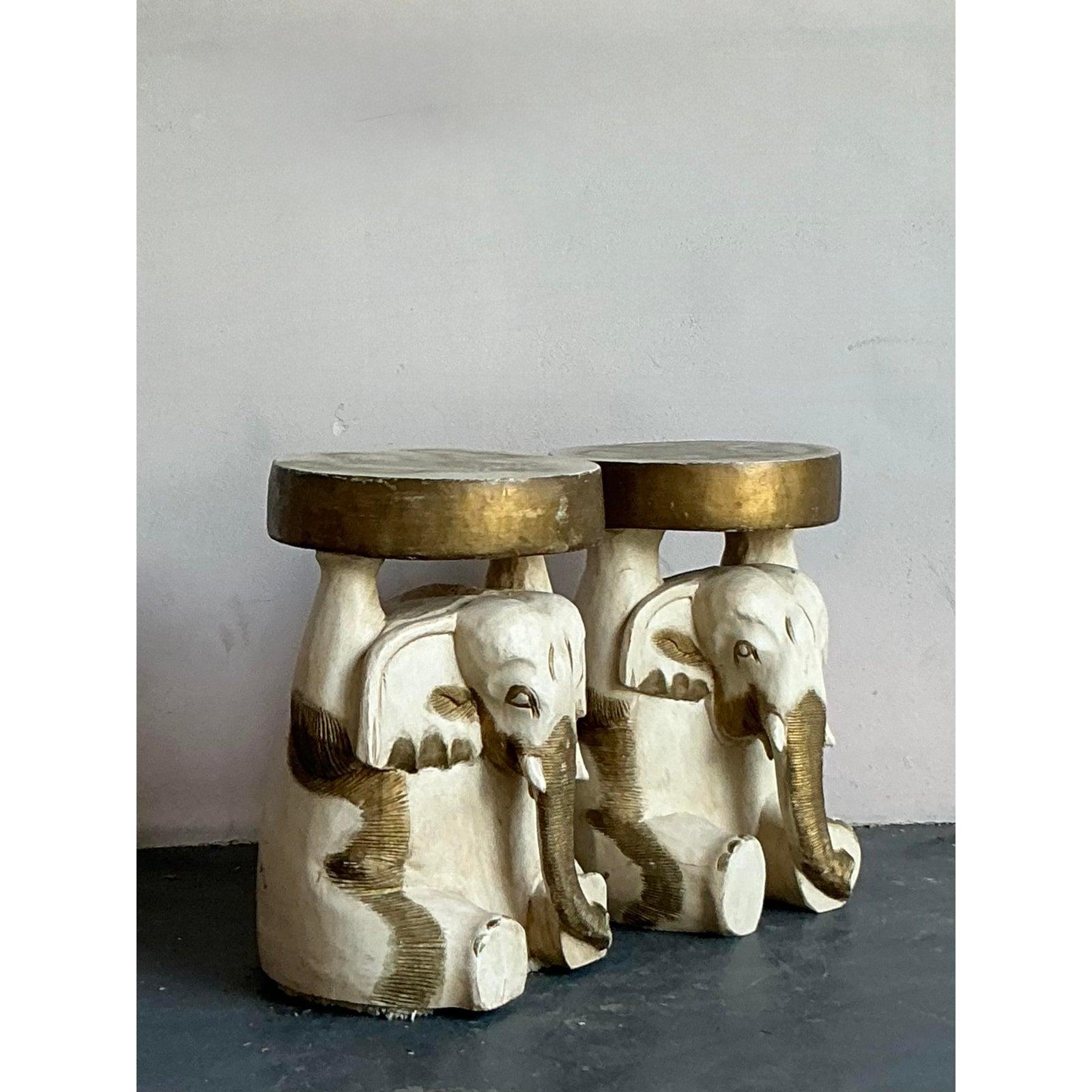 Vintage Boho Carved Wooden Elephant Low Stool - A Pair For Sale 3