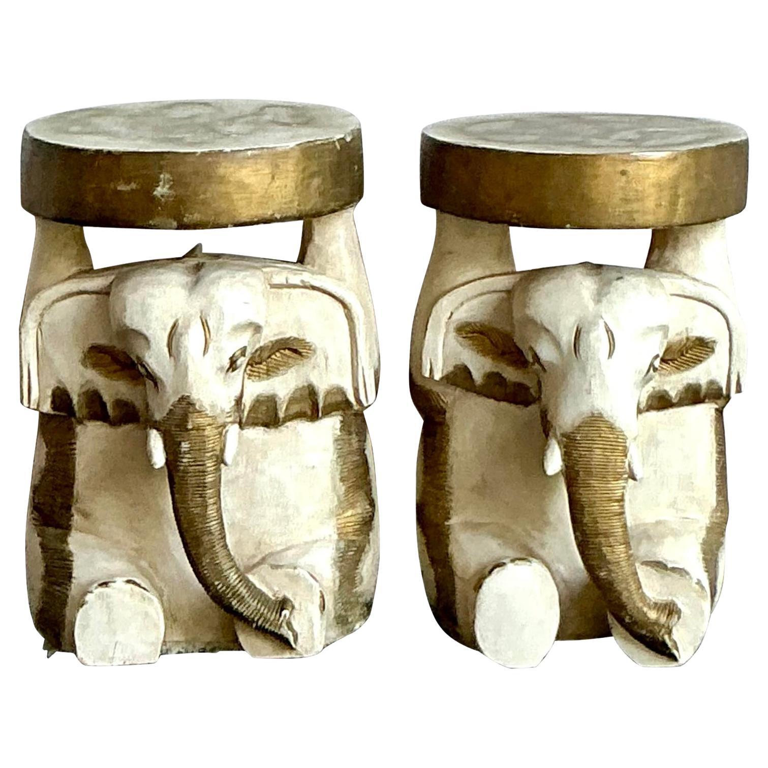Vintage Boho Carved Wooden Elephant Low Stool - A Pair For Sale