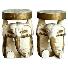 Vintage Boho Carved Wooden Elephant Low Stool - A Pair