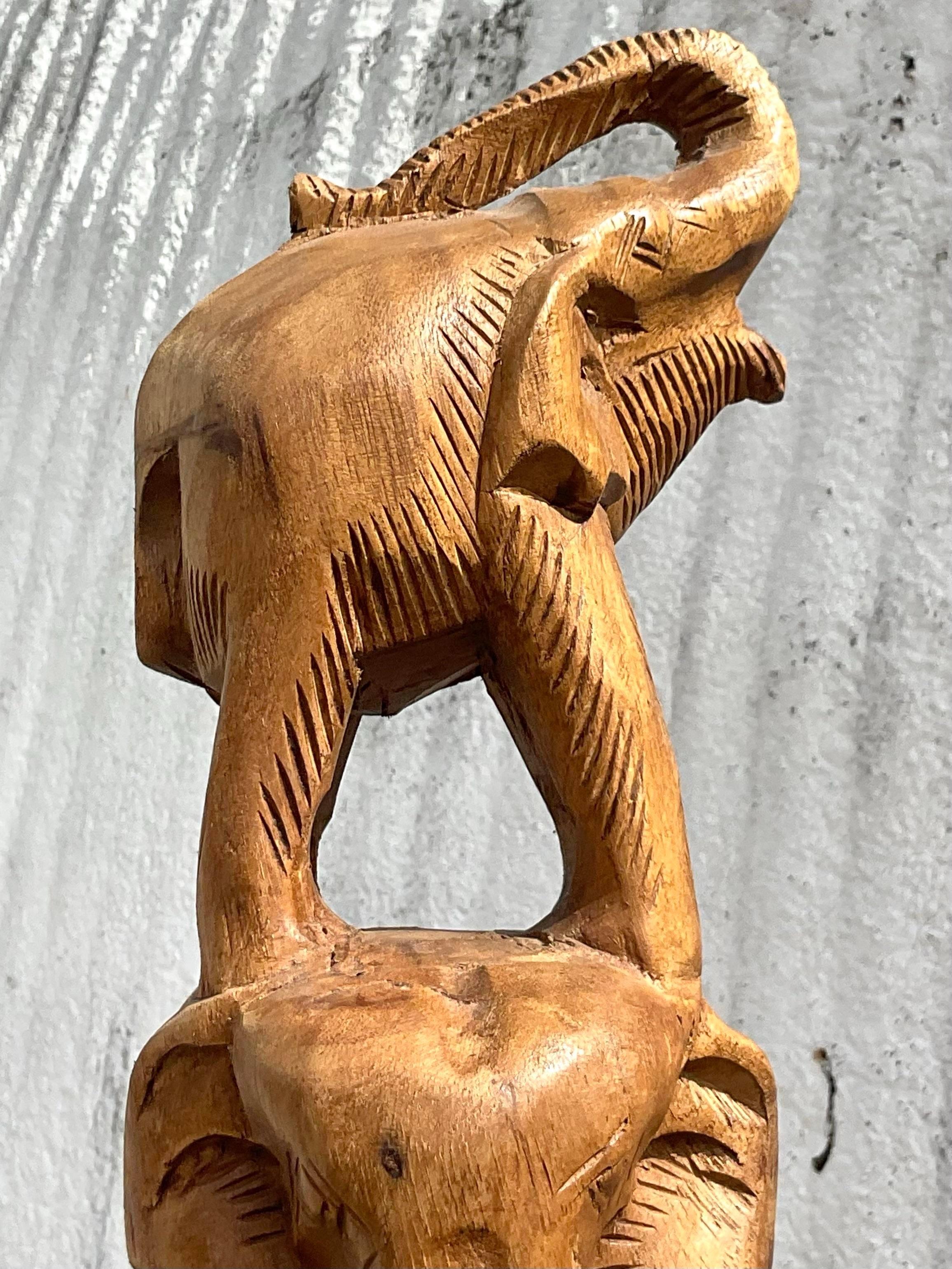 Vintage Boho Carved Wooden Elephant Stack Sculpture In Good Condition For Sale In west palm beach, FL