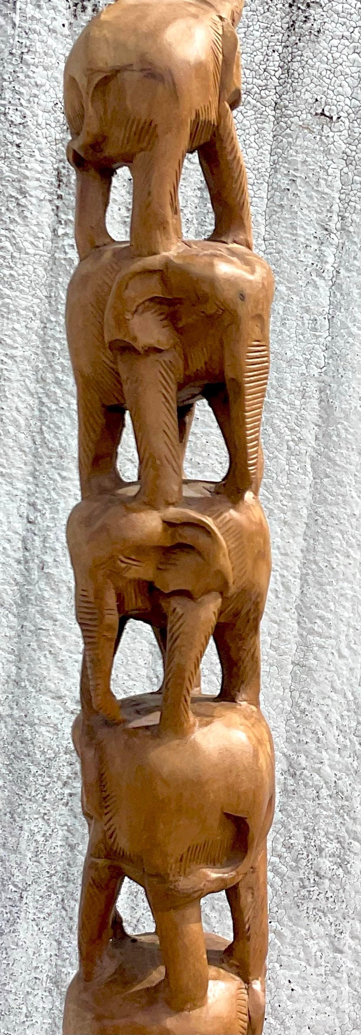 20th Century Vintage Boho Carved Wooden Elephant Stack Sculpture For Sale