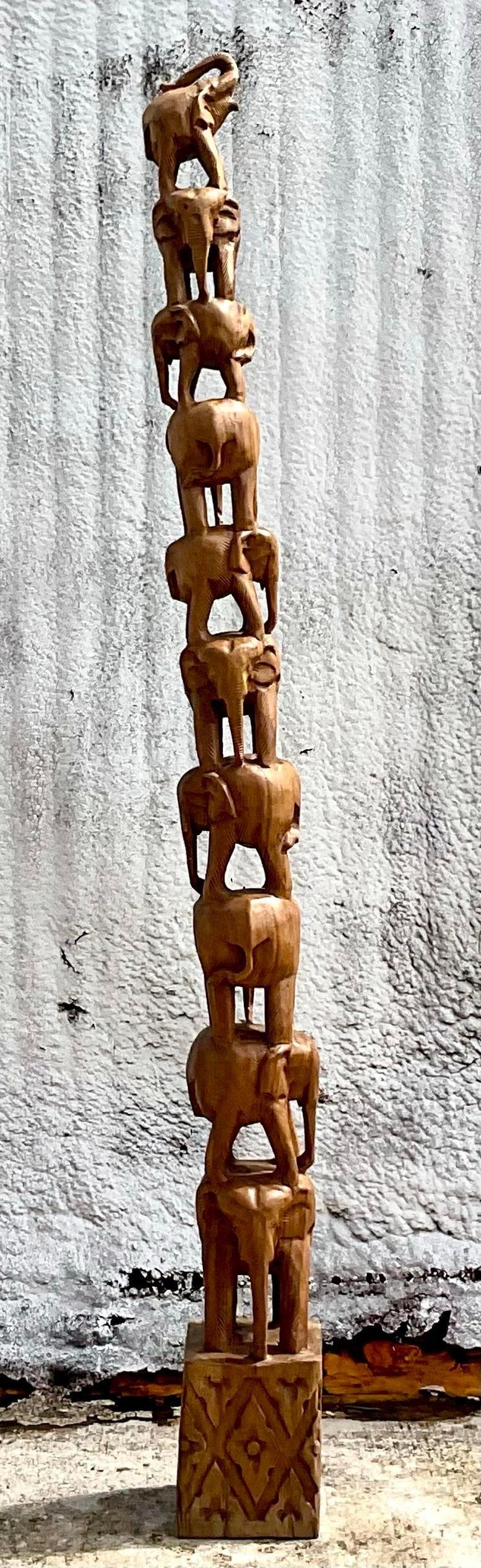 Vintage Boho Carved Wooden Elephant Stack Sculpture For Sale 2
