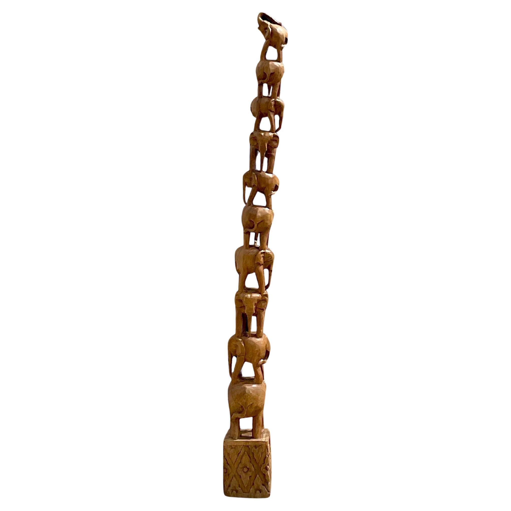 Vintage Boho Carved Wooden Elephant Stack Sculpture For Sale
