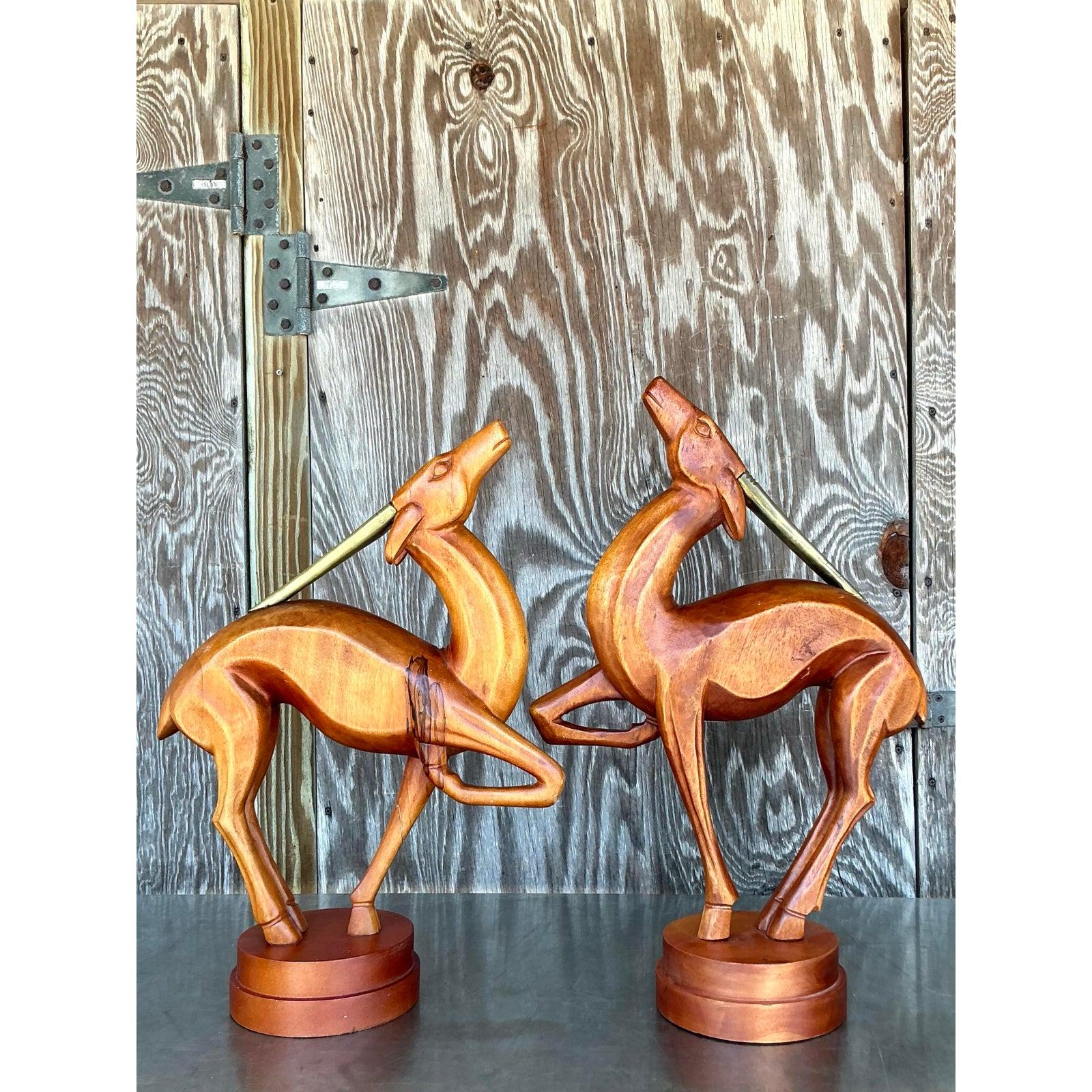 Gazzella vintage in legno intagliato in stile Boho - Una coppia in vendita 3
