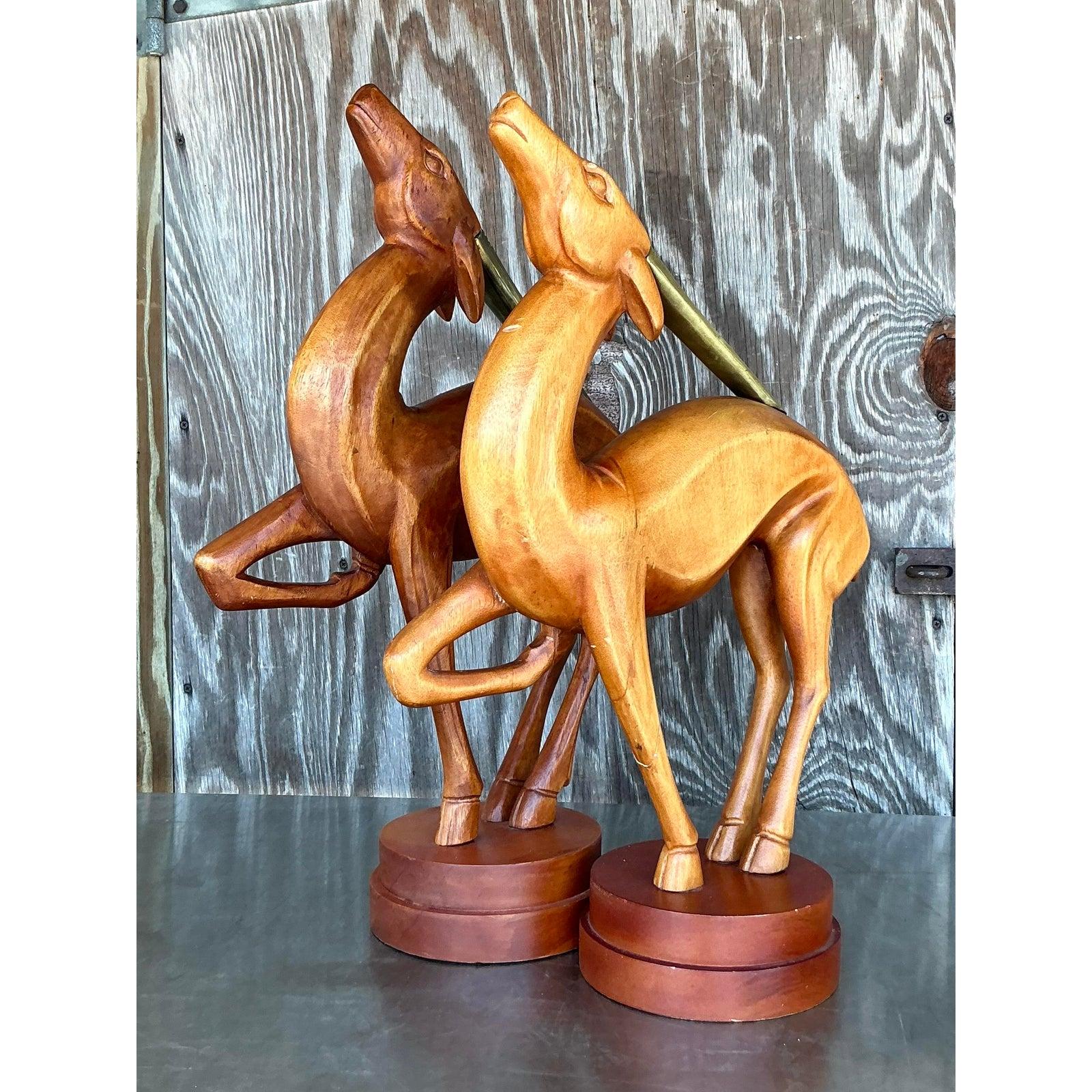 Americano Gazzella vintage in legno intagliato in stile Boho - Una coppia in vendita