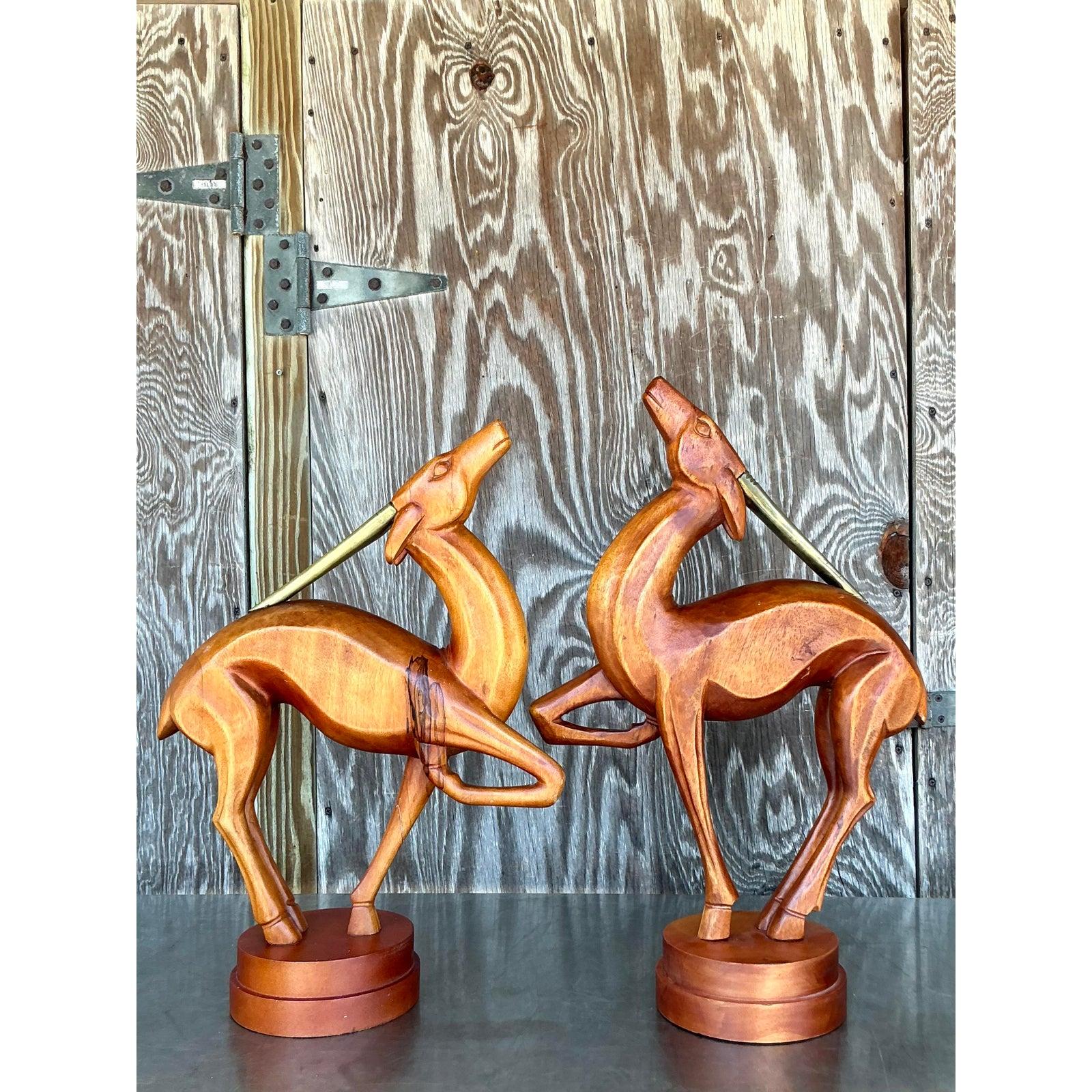 Gazzella vintage in legno intagliato in stile Boho - Una coppia in vendita 2