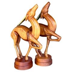 Vintage Boho Carved Wooden Gazelle - A Pair