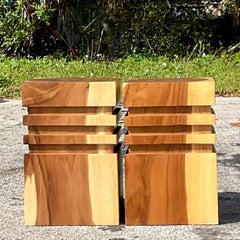 Vintage Boho Carved Wooden Low Stools - a Pair