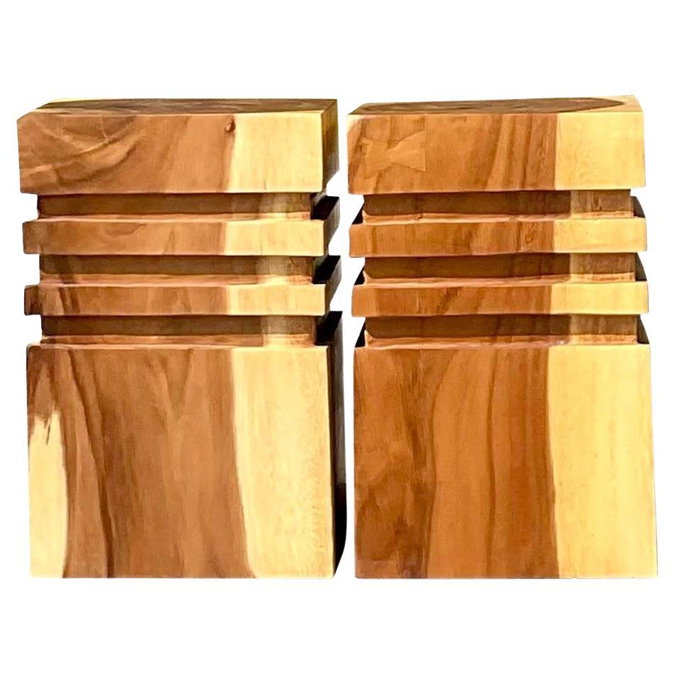 Vintage Boho Carved Wooden Low Stools - a Pair