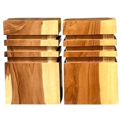 Vintage Boho Carved Wooden Low Stools - a Pair