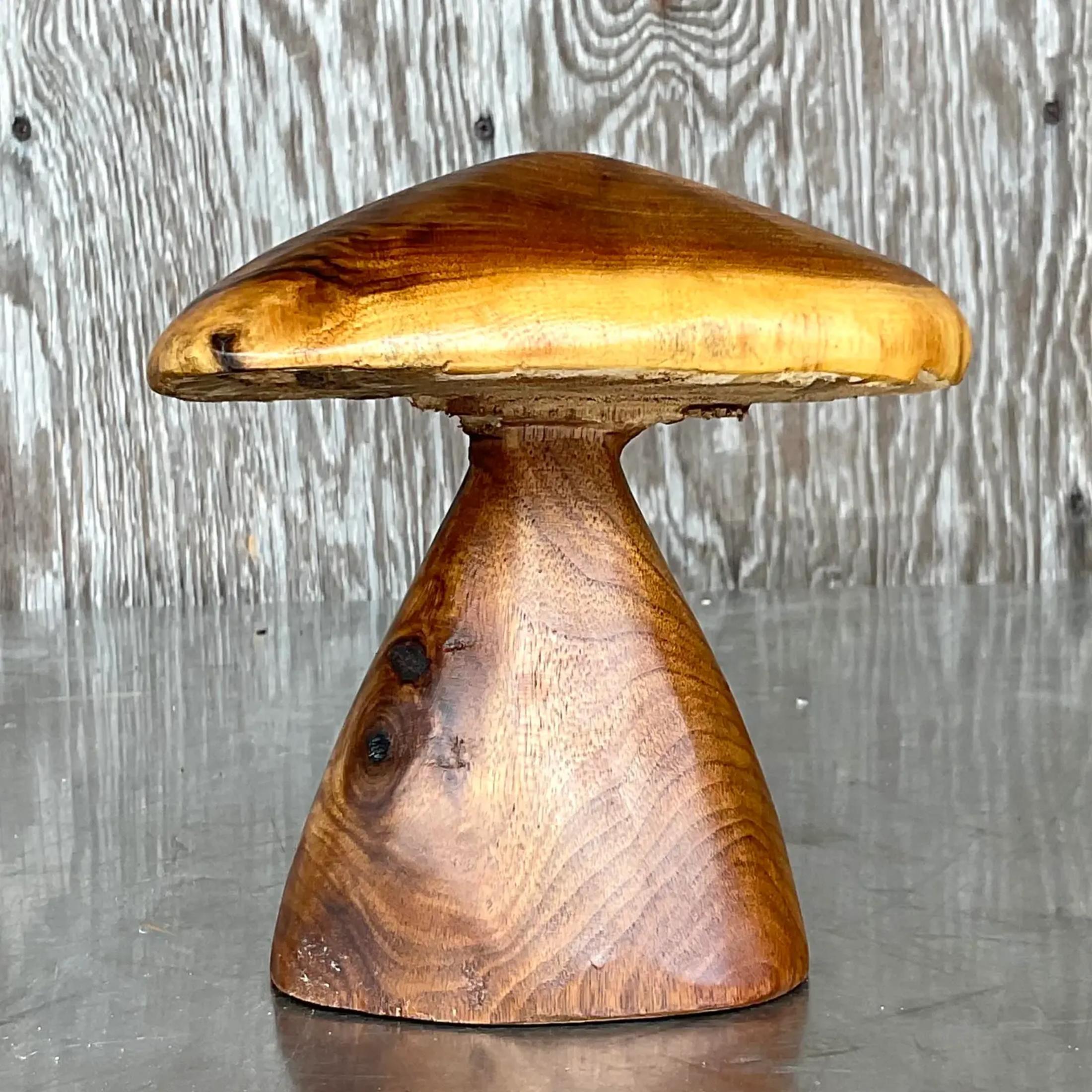 Bohemian Vintage Boho Carved Wooden Mushroom For Sale