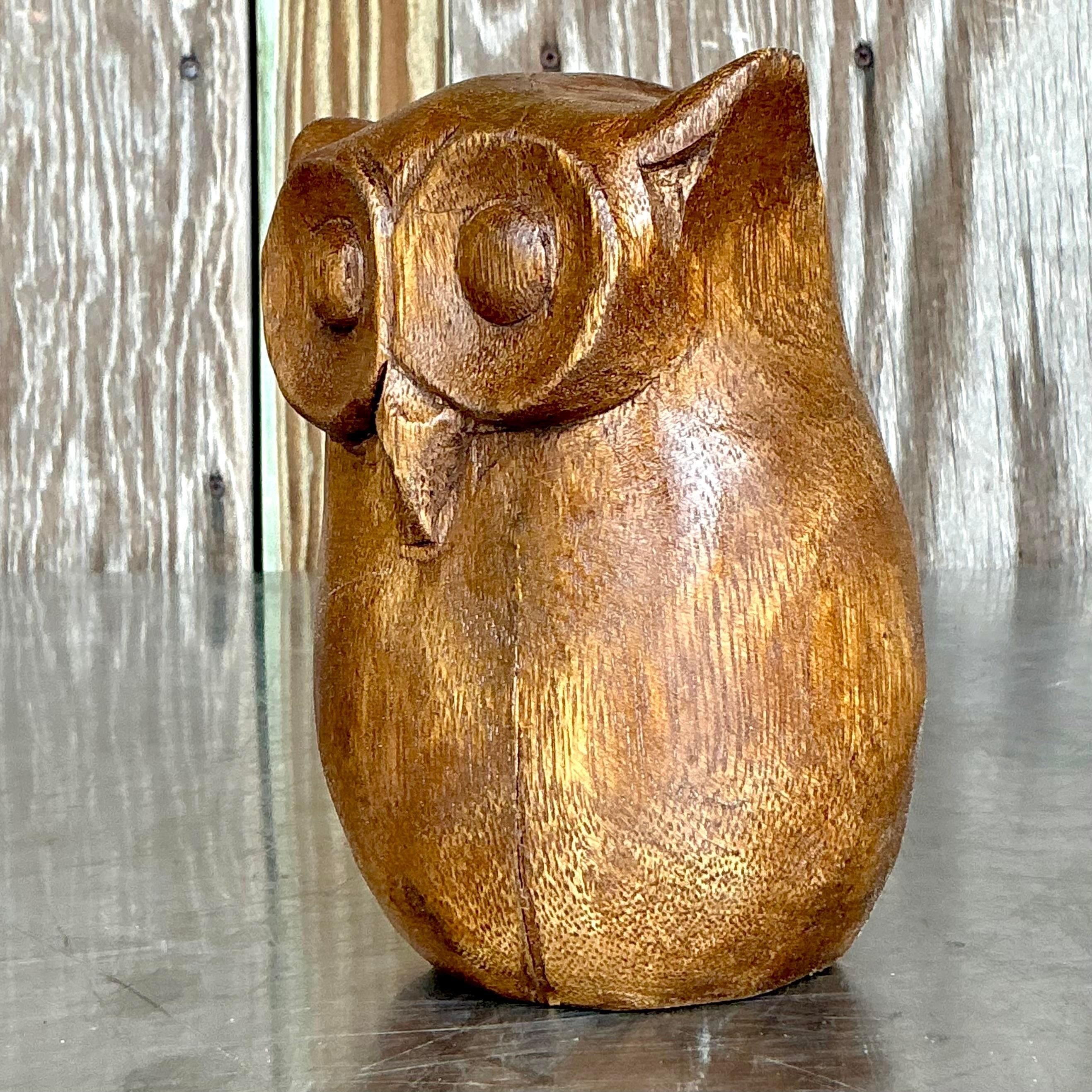 Rustique Chouette Vintage Boho en bois sculpté en vente