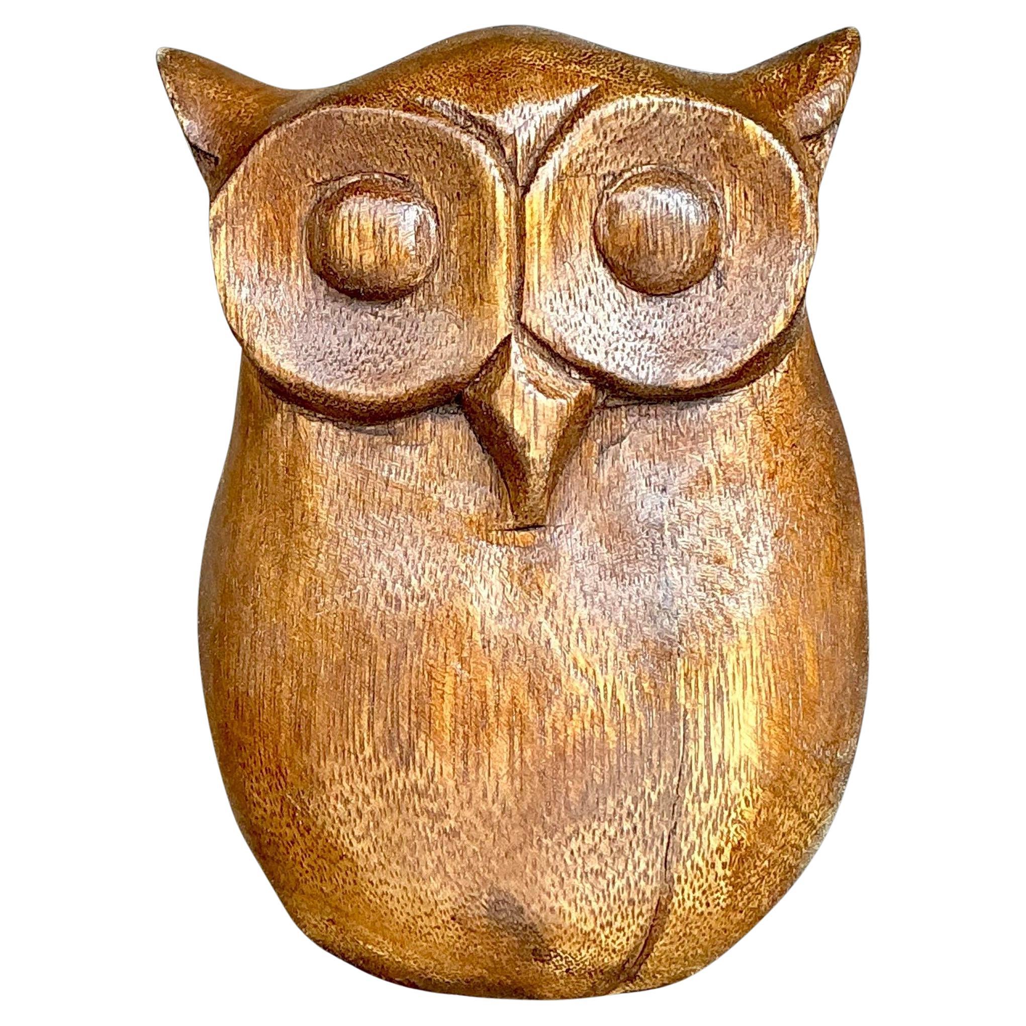 Vintage Boho Carved Wooden Owl