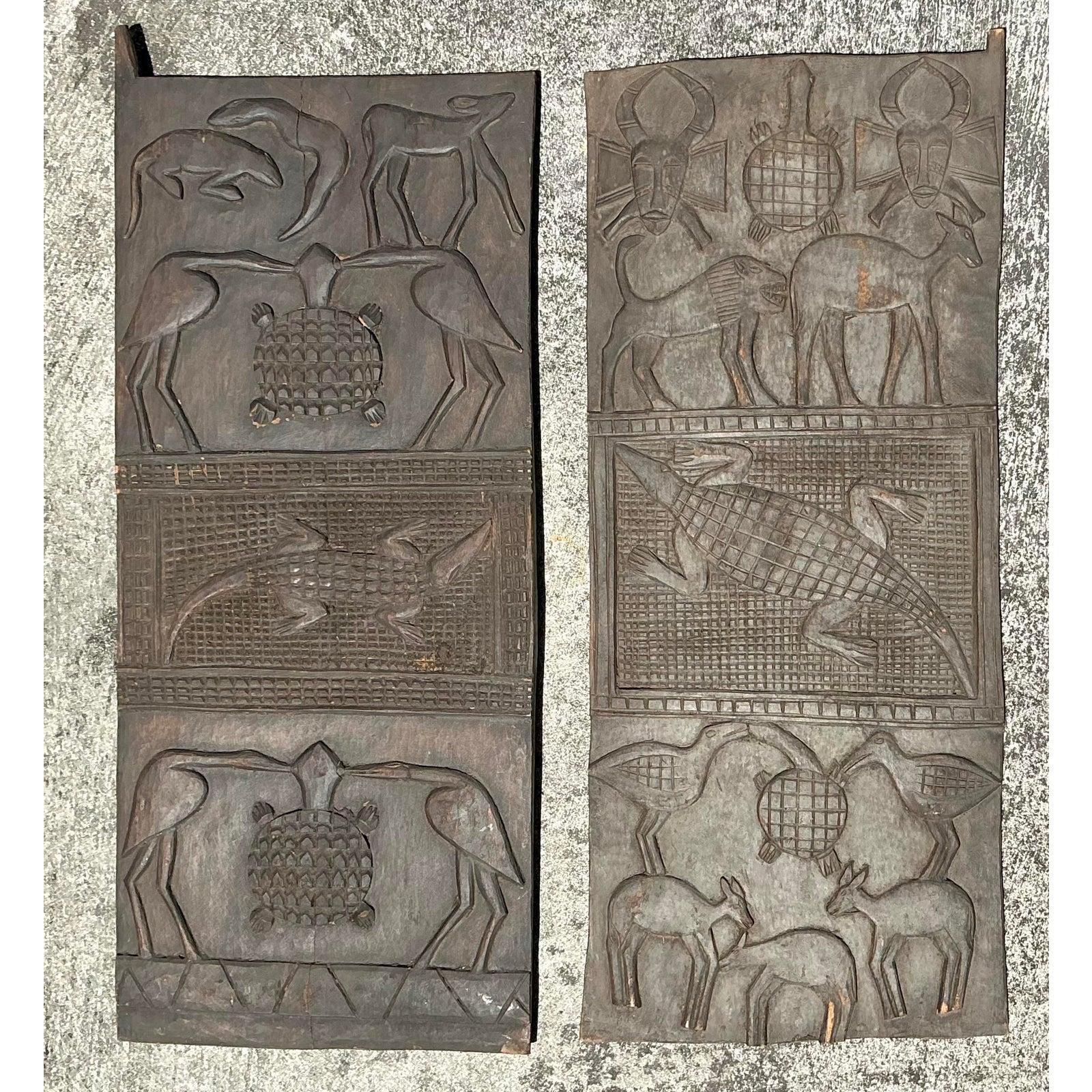 Panneaux Vintage Boho en bois sculpté - Une paire en vente 1