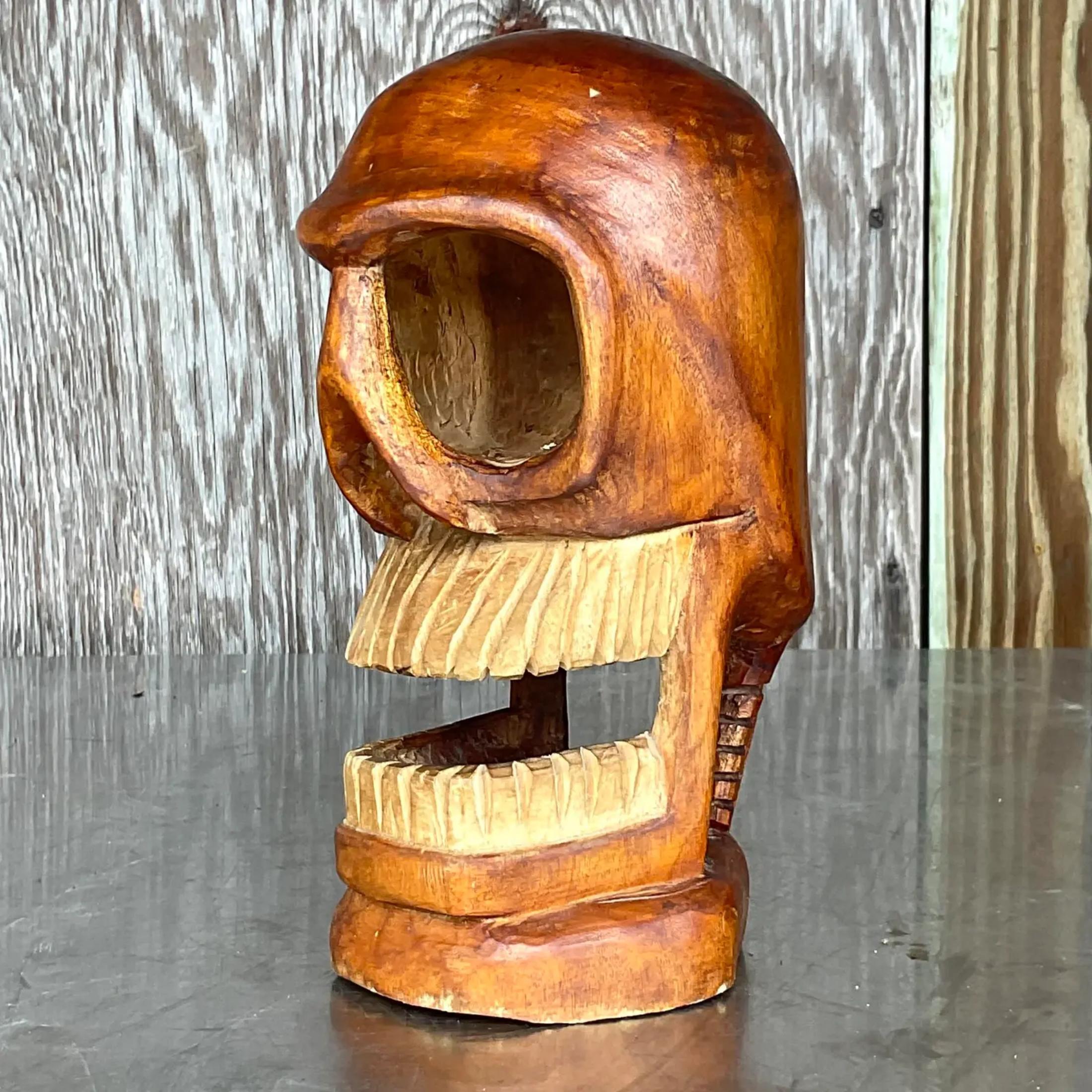 Bohemian Vintage Boho Carved Wooden Skull Sculpture For Sale