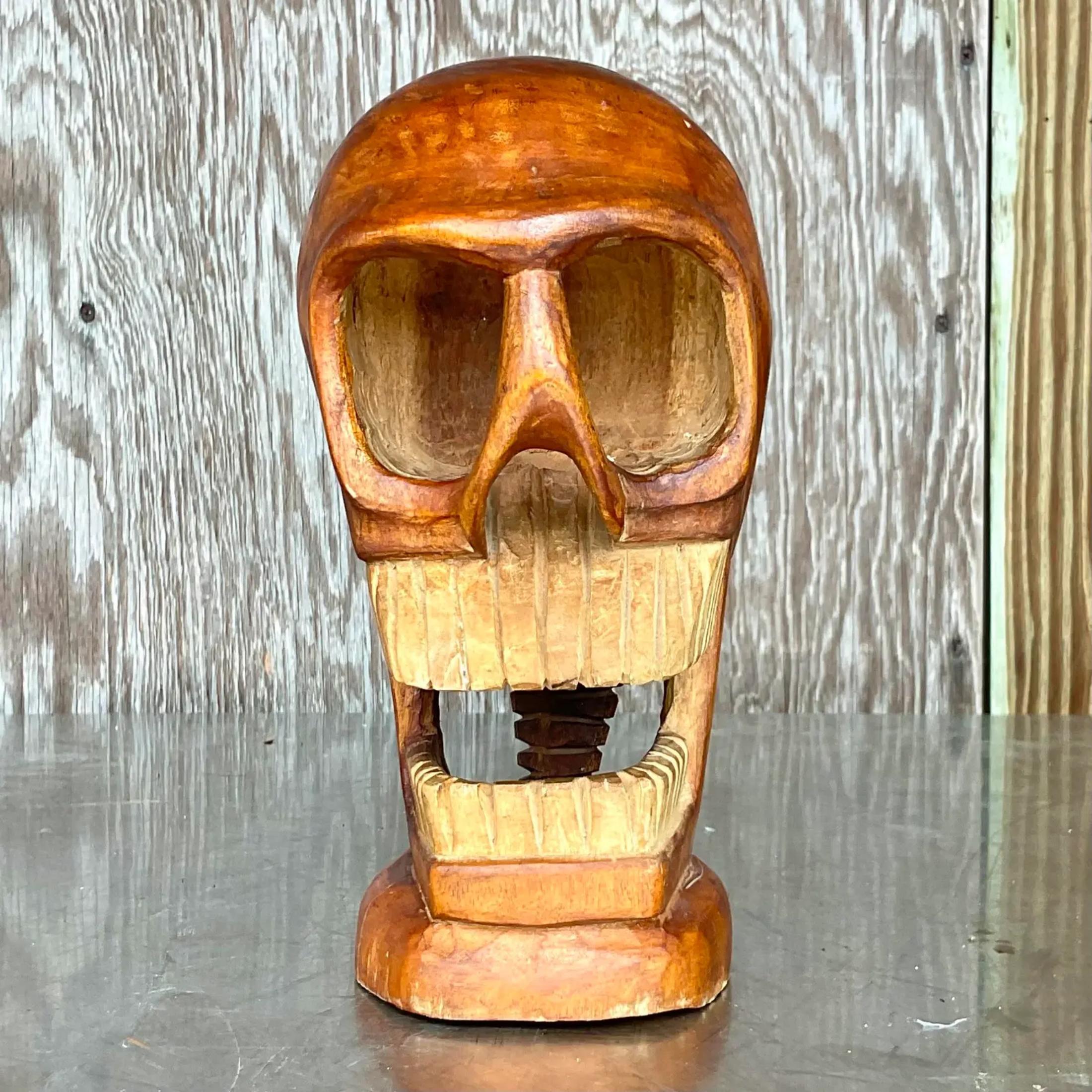American Vintage Boho Carved Wooden Skull Sculpture For Sale