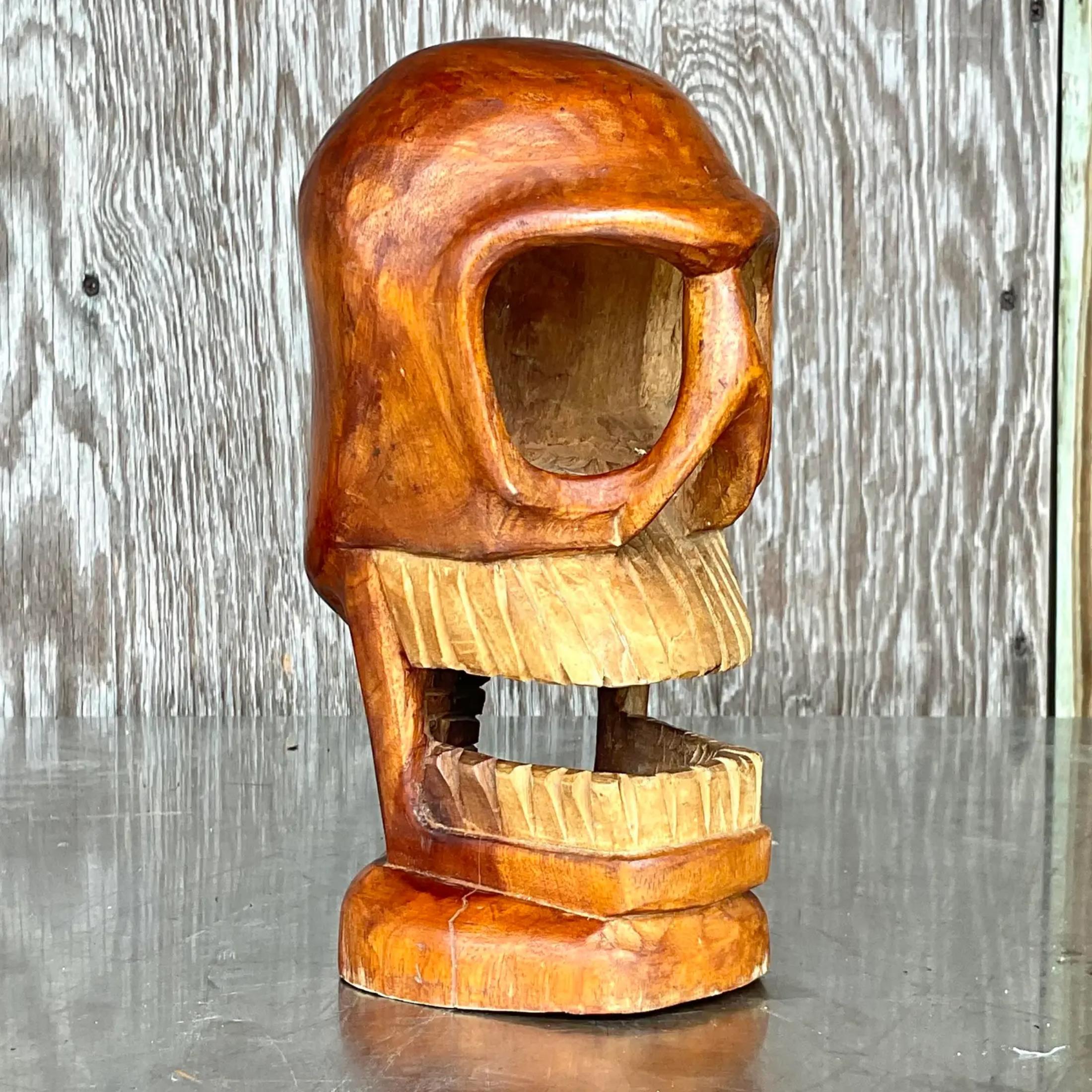 Vintage Boho Carved Wooden Skull Sculpture In Good Condition For Sale In west palm beach, FL